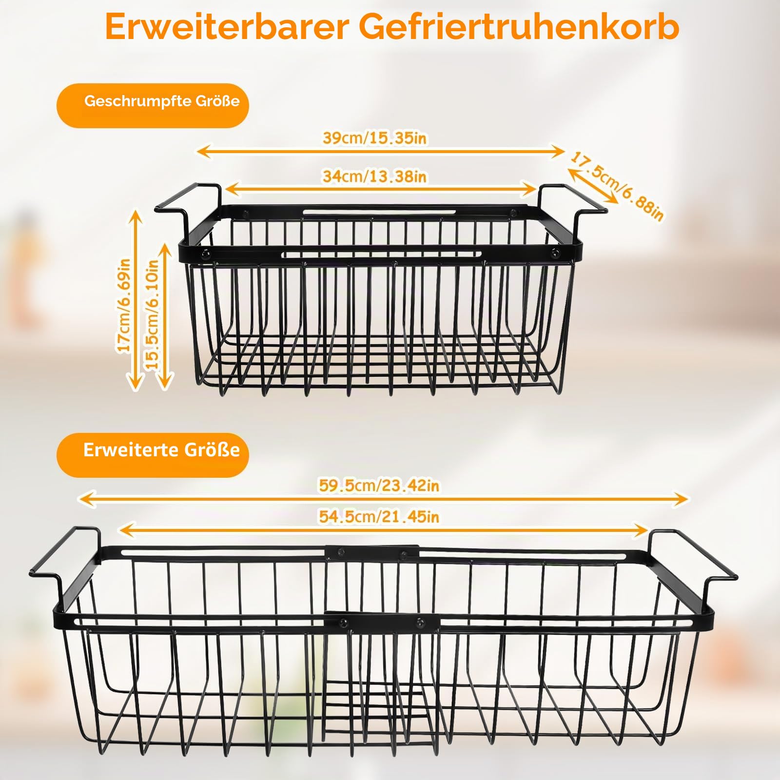 2 Stück Gefriertruhe Korb Verstellbar, Schwarz Gefriertruhe Körbe Organizer mit Hängeständer Gefrierkörbe für Gefriertruhe Ausziehbare Länge 39-59.5cm Einfacher Zugriff auf Tiefkühlkost