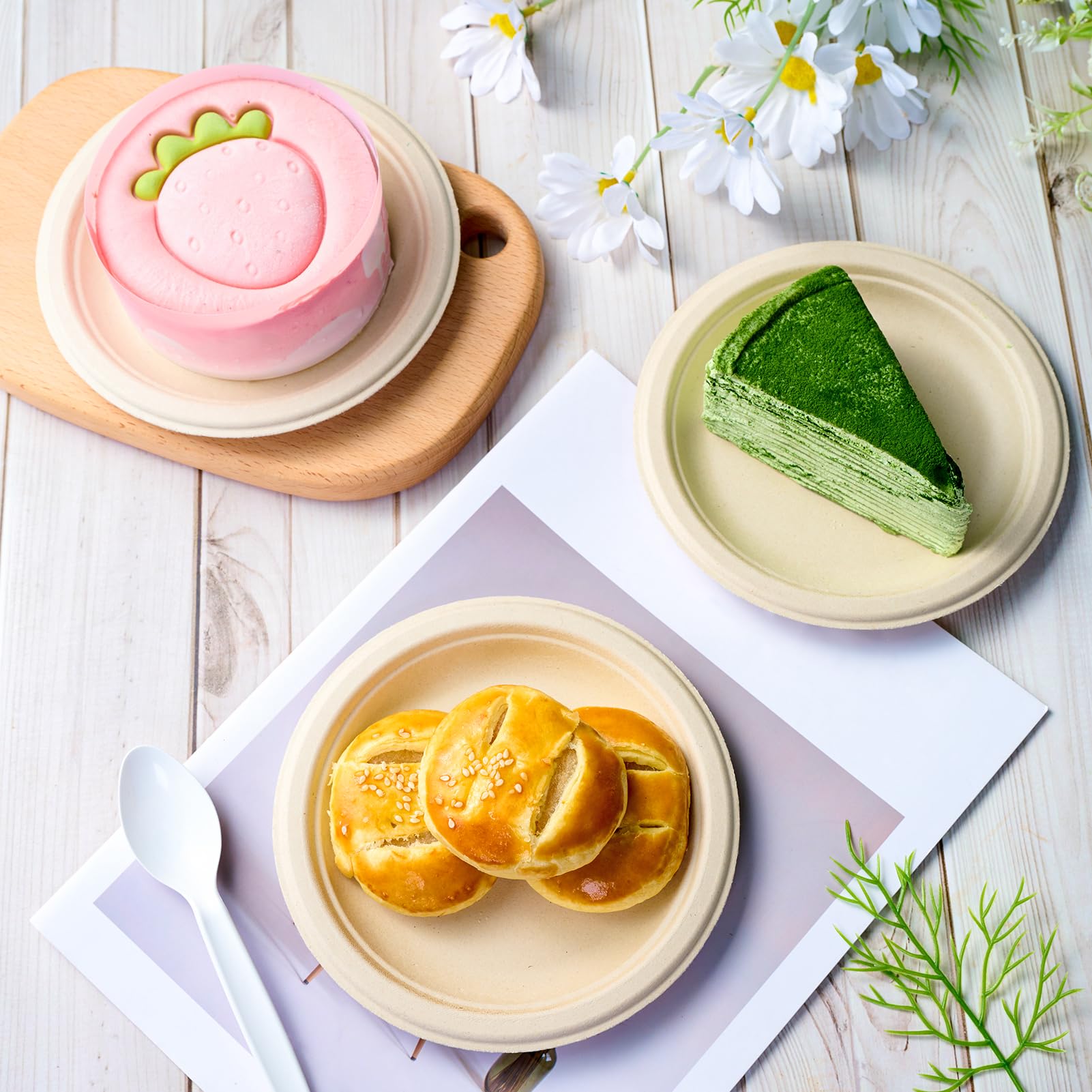 ECOLipak Kompostierbare kleine Einweg-Pappteller, 15,2 cm, recyceltes Zuckerrohr, Bagasse, biologisch abbaubar, strapazierfähig, Mini-Dinner, Vorspeisen, Kuchen, Dessertteller für Partys (Natur)