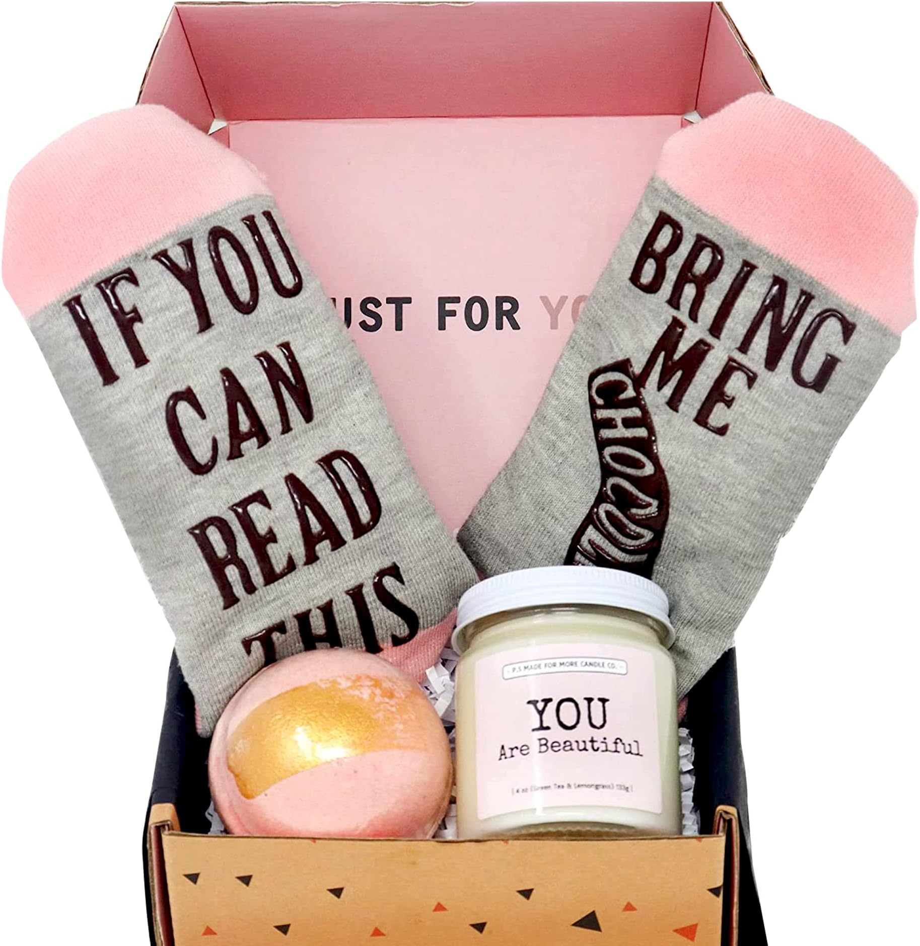 Birthday Mother's Day Women Gift Basket Box for Her- Pack of 3 Fun Unique Gifts with Soy Candle, Bath Bomb, Funny Socks, Mother's Day Gift Sets for Women