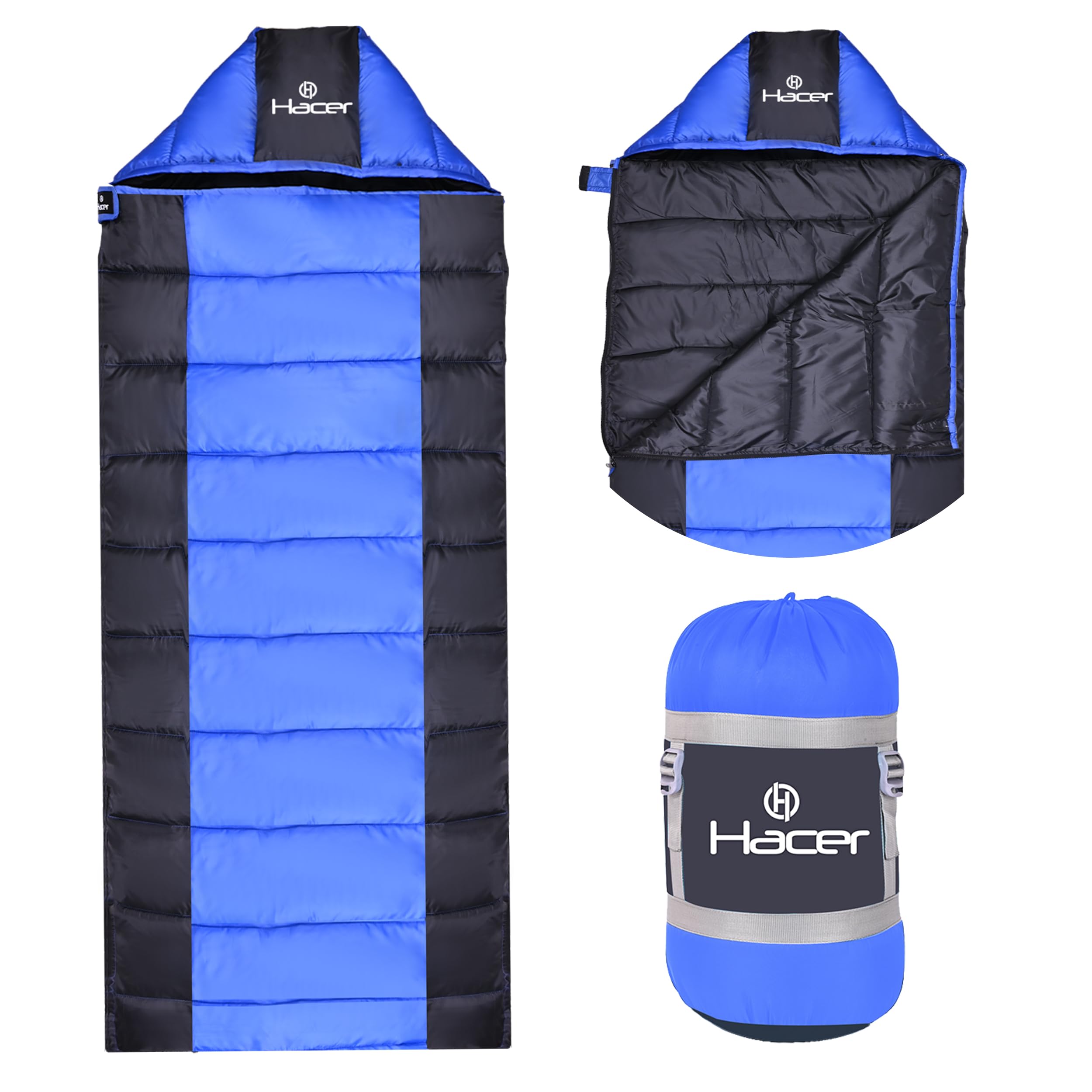 Hacer Aravalli 3in1 Camping Sleeping Bag Open Like Comforter & Mattress +6 to +20 Degree Winter Hiking Trekking Adult Baby, Men & Women Train Travelling Bags Baby (Blue & Black, 7 Ft, 1.2 KG)