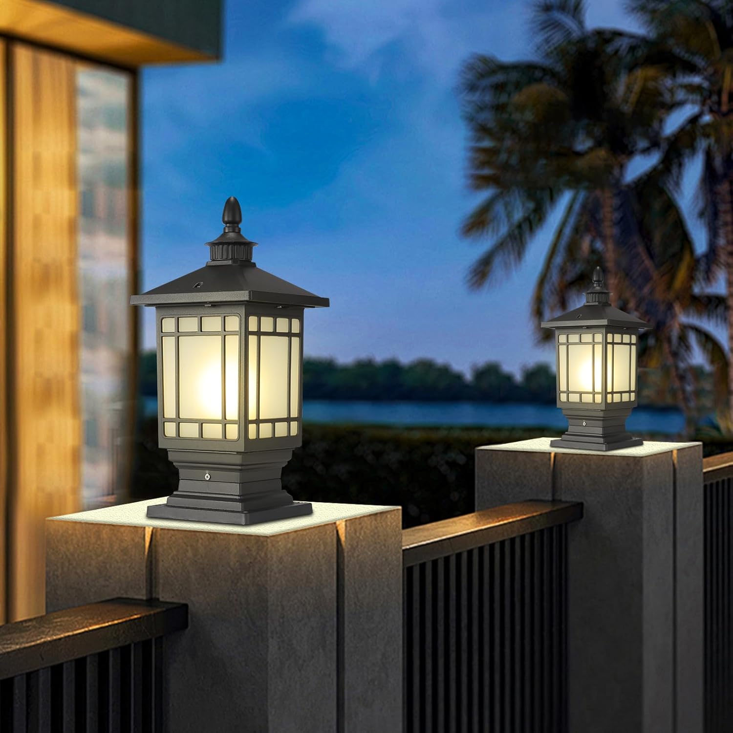 Outdoor Column Lights, Outdoor External Patio Landscape Glass Post Lantern E26 Fixture Traditional Waterproof Garden Post Light Aluminum Modern Fence Pillar Lamp