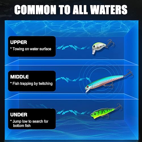 Miniatura 9 de Juego de 43 señuelos de pesca Minnow Popper Walleye señuelos de pesca mixtos duros cebos de manivela para pesca de lubina, lubina, salmón, agua