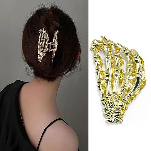 Miniatura 1 de Pinza para el cabello de mano de calavera de metal, 1 pinza dorada con diseño de calavera para cabello fino, accesorio para el cabello estilo punk,