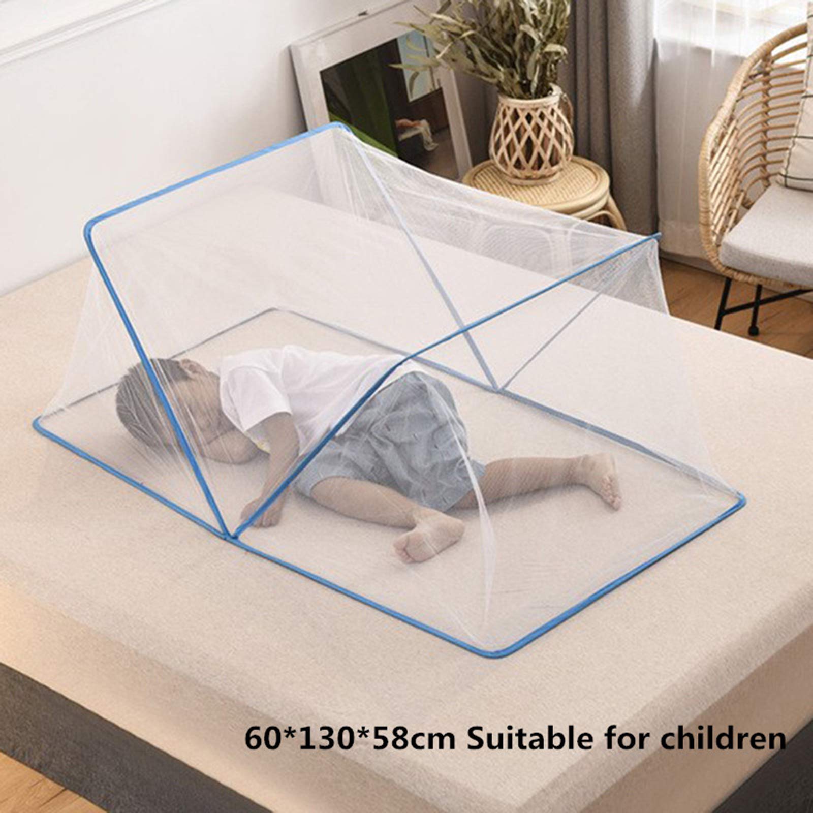 Zanzariera Pieghevole ad Arco Portatile, copriletto a baldacchino Pieghevole per casa e Viaggi, Misura Universale 80x190 cm, Blu, Protezione per Bambini e Adulti.