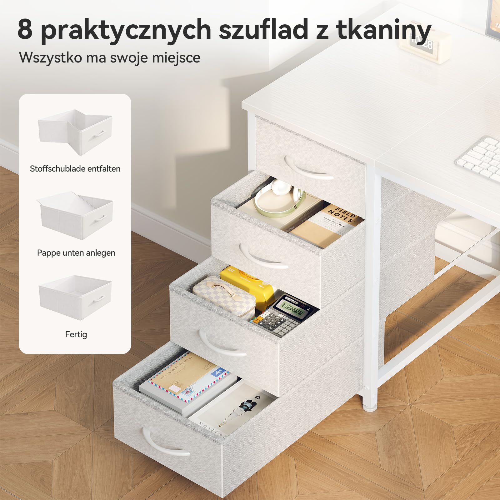 Coleshome Biurko z 8 Szufladami z Tkaniny, Solidne Biurko Komputerowe z Miejscami do Przechowywania, Biurko do Salonu i Domu (Biały, 120x48cm) | Biurko komputerowe z miejscem do przechowywania, stół biurowy, biurko do biura i domowego biura, dwustronny de