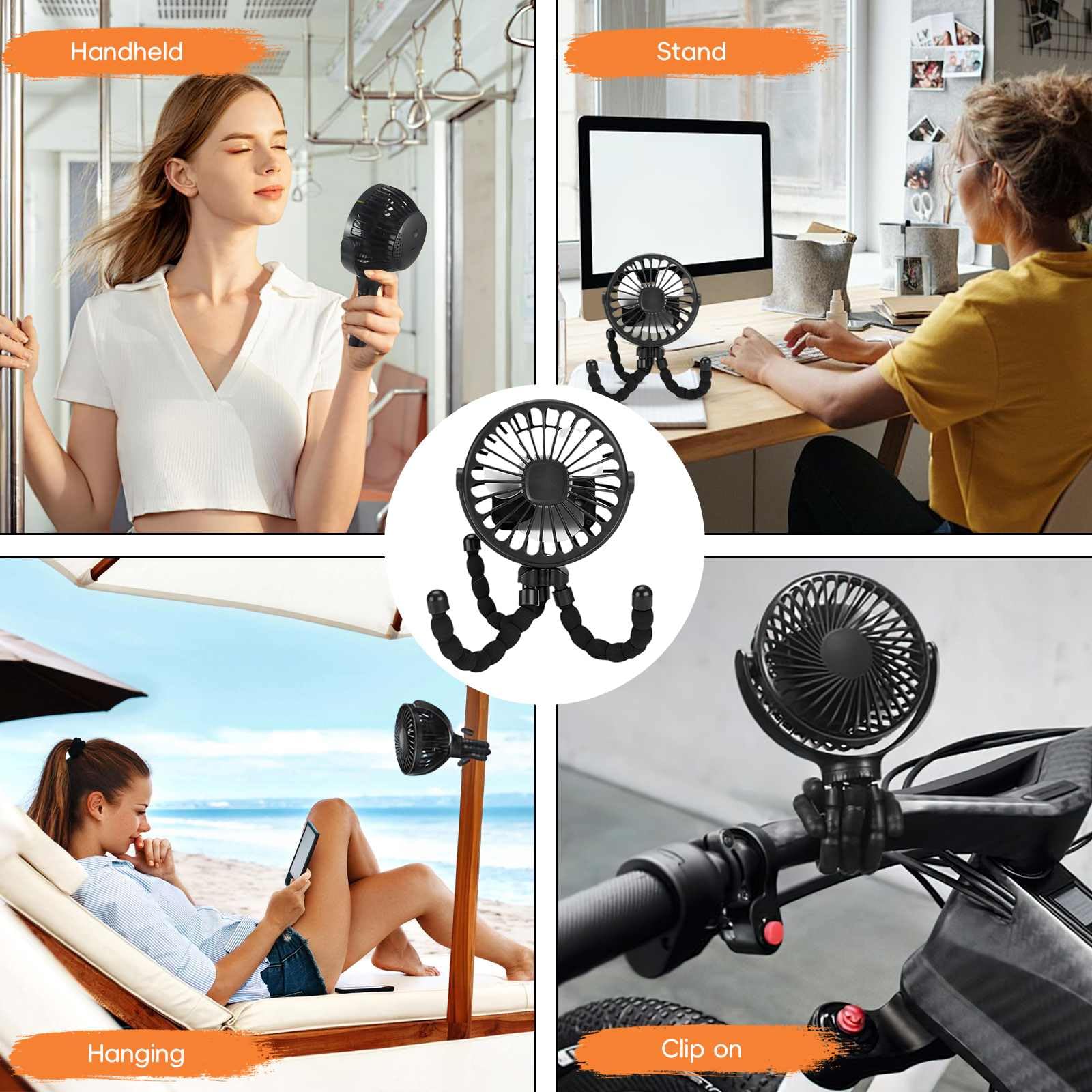 JOPWUE Ventilateur De Poussette,Ventilateur Rotation Détachable à 3 Vitesses à 360 °,Veilleuse,Ventilateur De Bureau Pour Chambre à Coucher,SièGe De Voiture,Berceau,Tapis Roulant,Voyage (Rose)