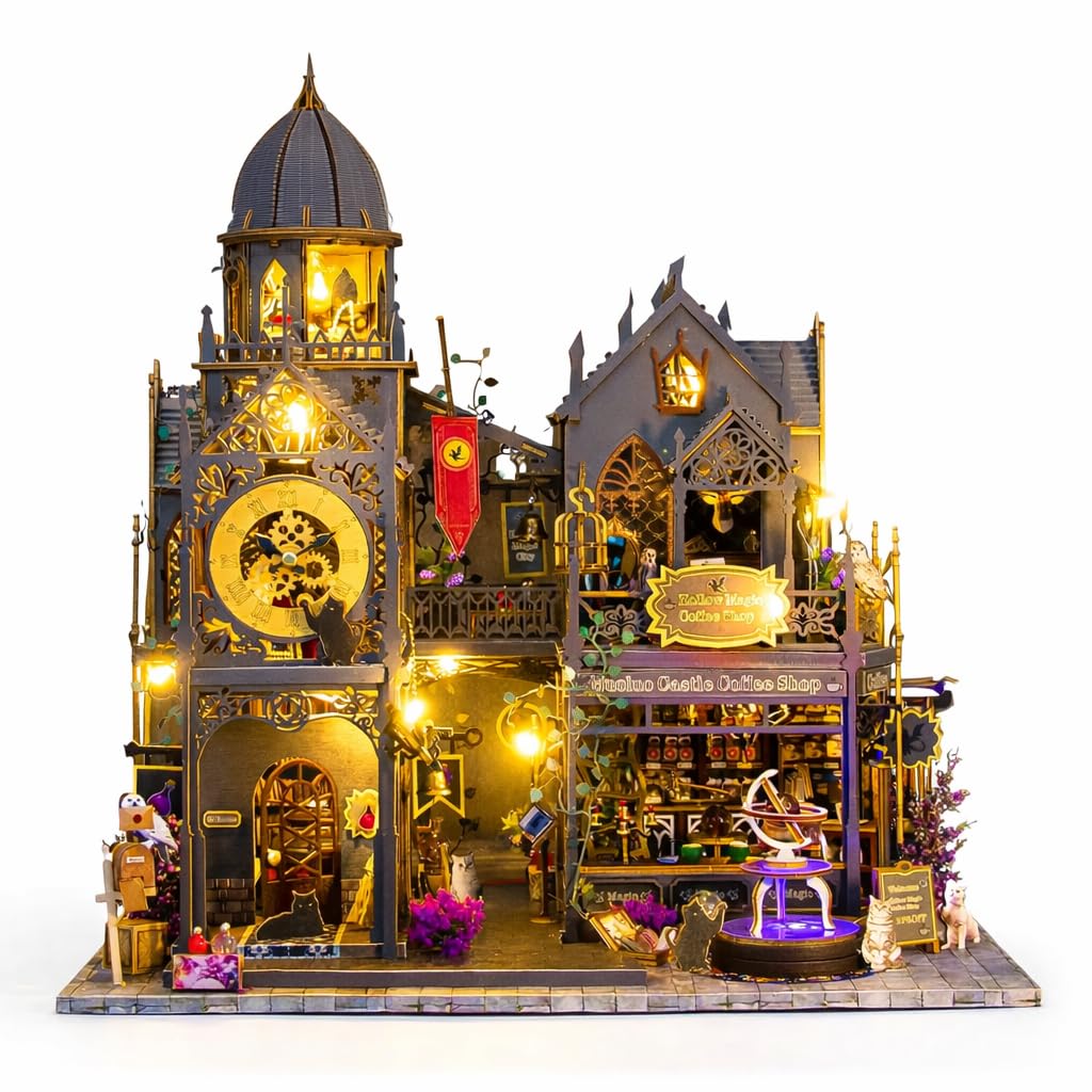DIY Miniature House Kit with LED Lights | Fantasy Castle Coffee Shop Wooden Dollhouse | 3D Craft Building Set for Adults & Teens | Creative Home Décor Gift (DIY Miniature House Kit)-image-43