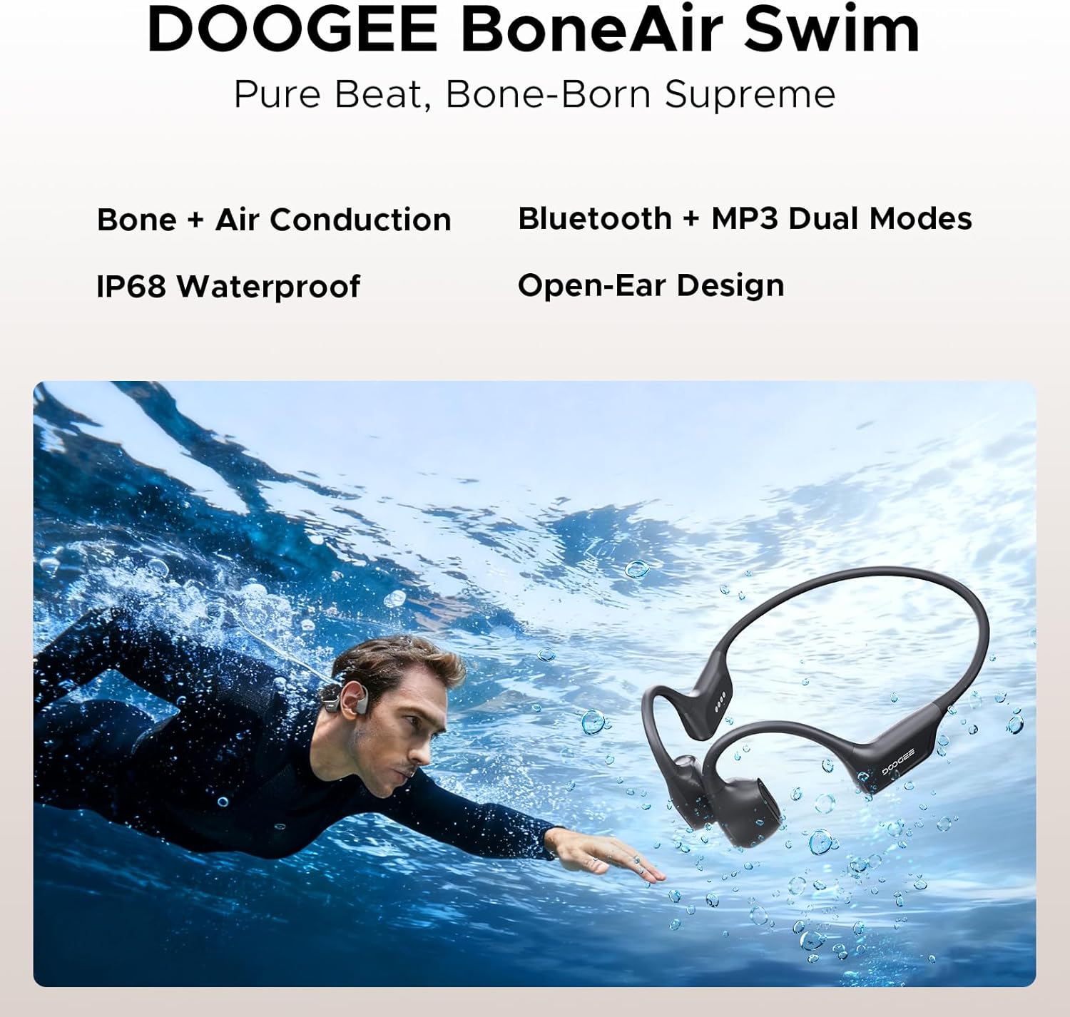 DOOGEE BoneAir Swim Conduction Headphones, Open-Ear Bluetooth Wireless Sport Earphones for Running, Swimming & Sports, Workouts - Sweat Resistant, IP68 Waterproof, Secure Comfortable Fit （Dark Gray） - Image 2