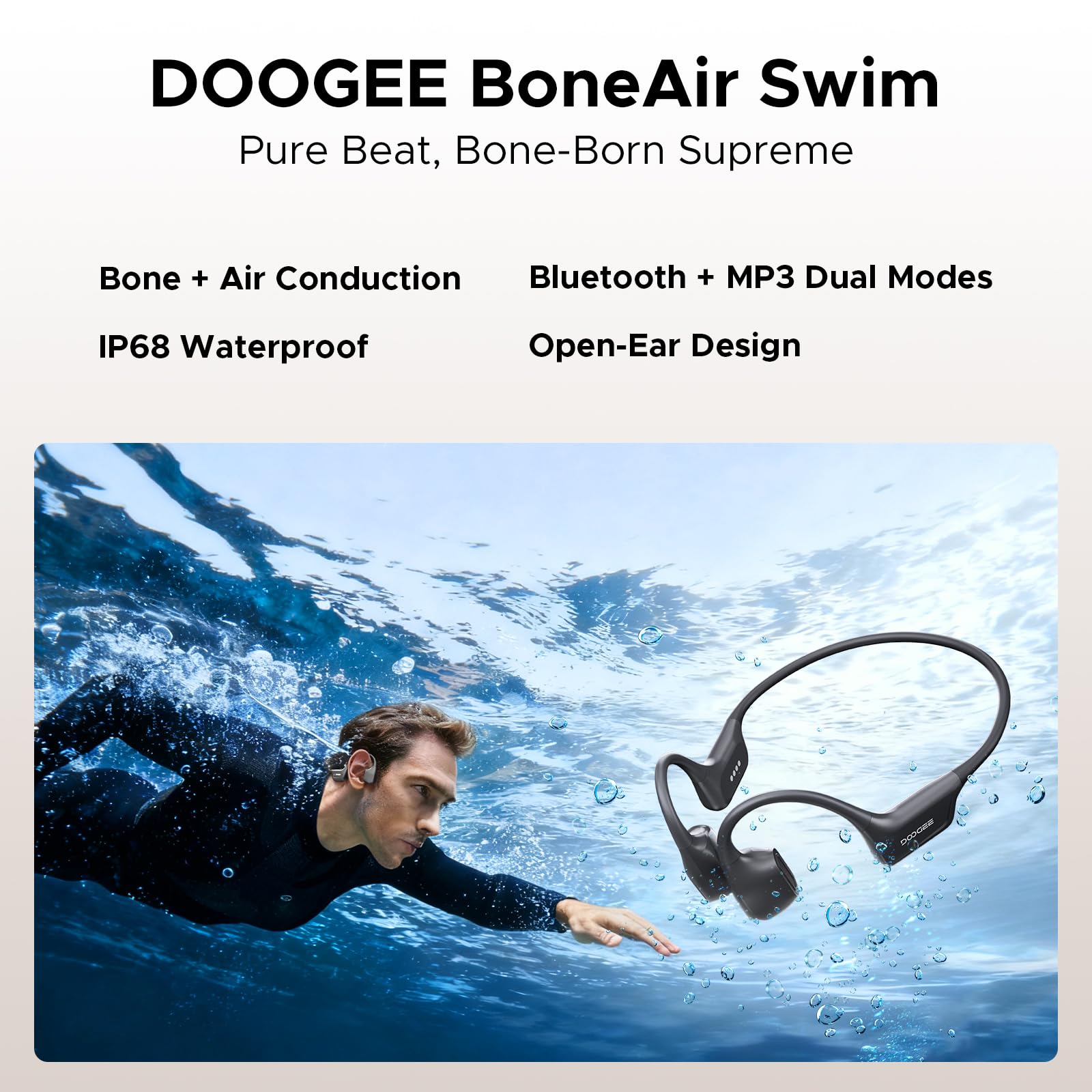 Knochenschall Kopfhörer, Open Ear Kopfhörer BT 5.4 mit 8 Std Spielzeit, IP68 wasserdichte Kopfhörer Schwimmen, Sportkopfhörer Kabellos mit MP3 64GB Speicher Ohrhörer zum Laufen(Dunkelgrau)