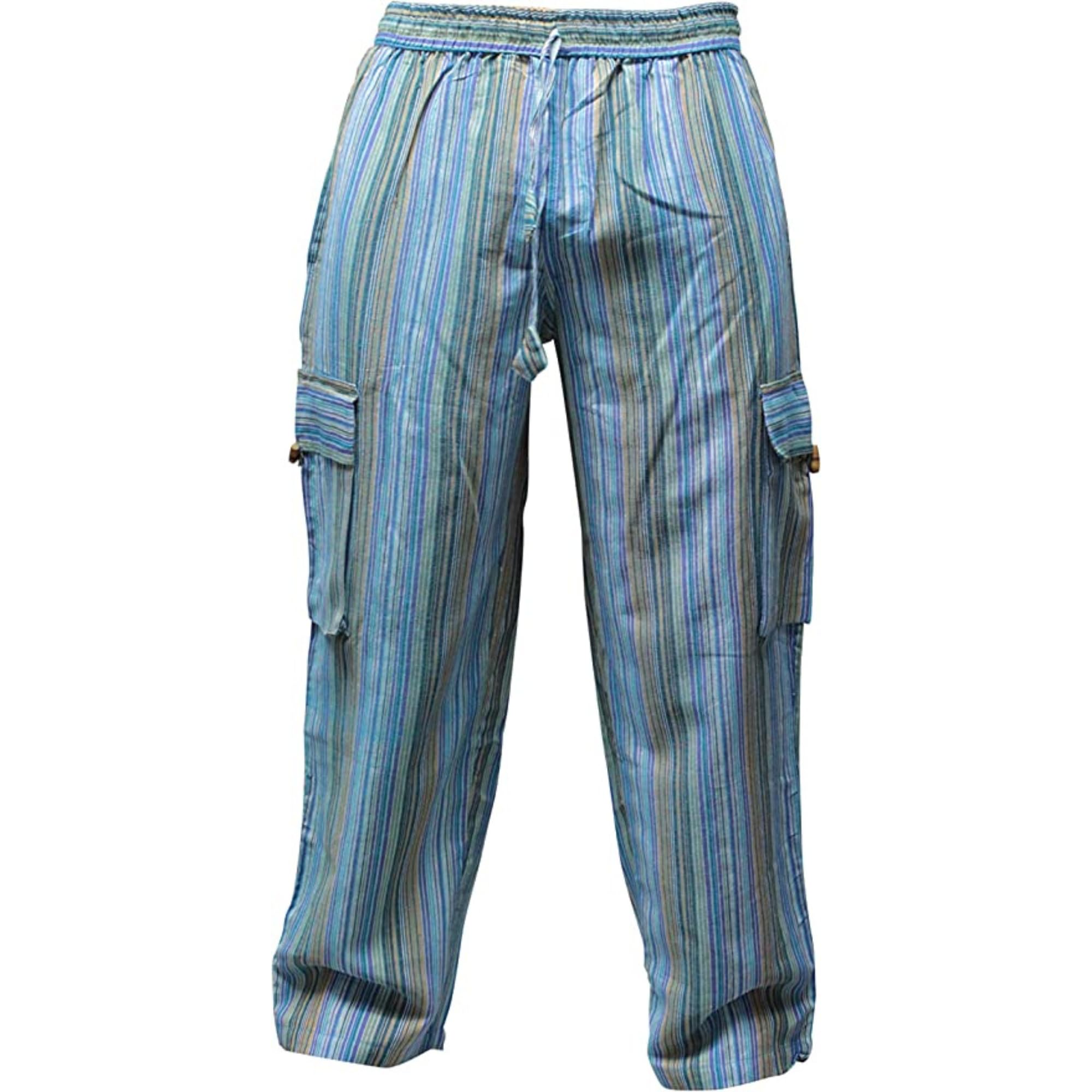 Shopoholic Fashion Men's Turquoise Hippie Combat Pant Wide Leg Striped Cargo Trouser, Xl