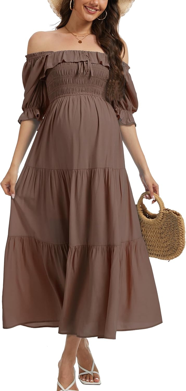 Half Sleeve Maternity Maxi Dress, Off-Shoulder Ruffled Elegant Flowy Baby Shower Photoshoot Dresses