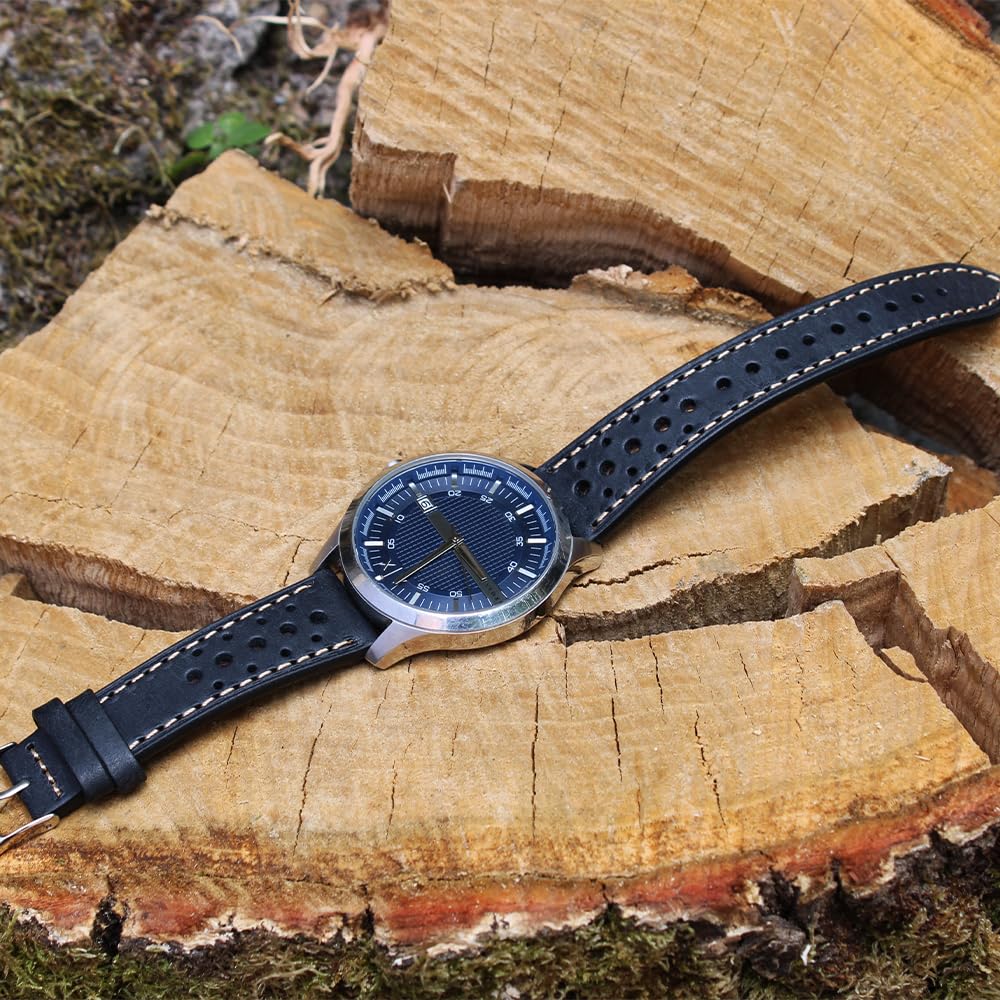 Cinturino orologio in vera pelle rally racing vintage verde blu nero marrone scuro marroncino da uomo 18 mm 19 mm 20 mm 21 mm 22 mm traforato