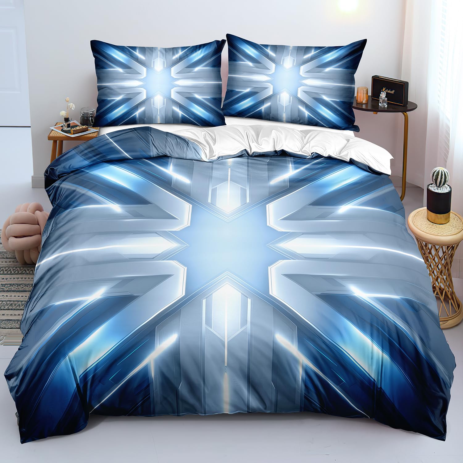 Housse de couette géométrique bleue pour lit ado facile à laver et douce