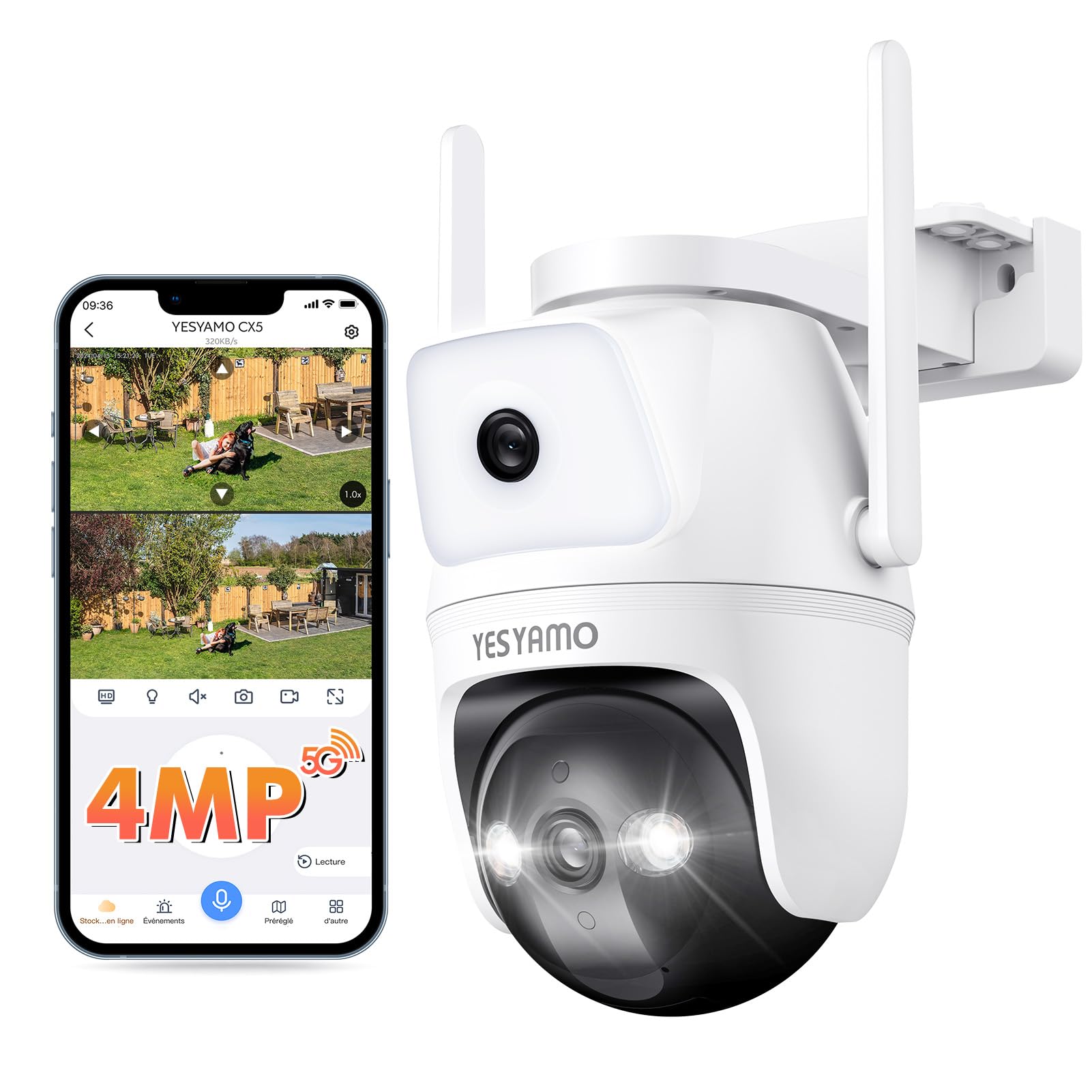 YESYAMO Cámara Vigilancia WiFi Exterior 360° 2,5K 4MP Doble Lentes, Cámara de Seguridad con WiFi6 2.4G y 5G, Visión Nocturna hasta 30m, Seguimiento Automatico, Detección AI, Audio Bidireccional