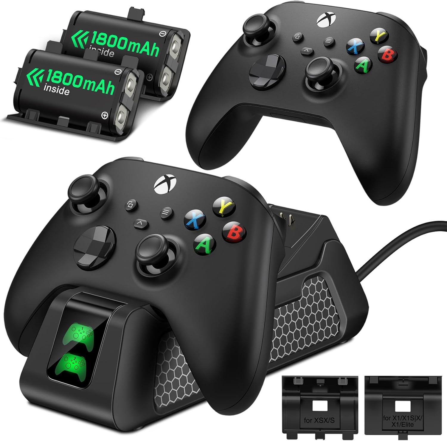 DINOSTRIKE Controller Charger Station with 2x1800 mAh Rechargeable Battery Pack for Series X/S/One/Elite/Core Controller, USB Charging Dock with 4 Back Covers
