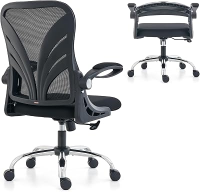 HOLLUDLE Silla de Oficina Ergonómica con Respaldo Plegable, Silla de Escritorio con Reposabrazos, Asiento Ancho y Soporte Lumbar de Malla, Silla Giratoria Ejecutiva para Computadora, Negro