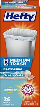 Hefty Medium Trash Bags, 8 Gallon, Ocean Water Scented Garbage Bags with Drawstring Closure, White, 26 Count