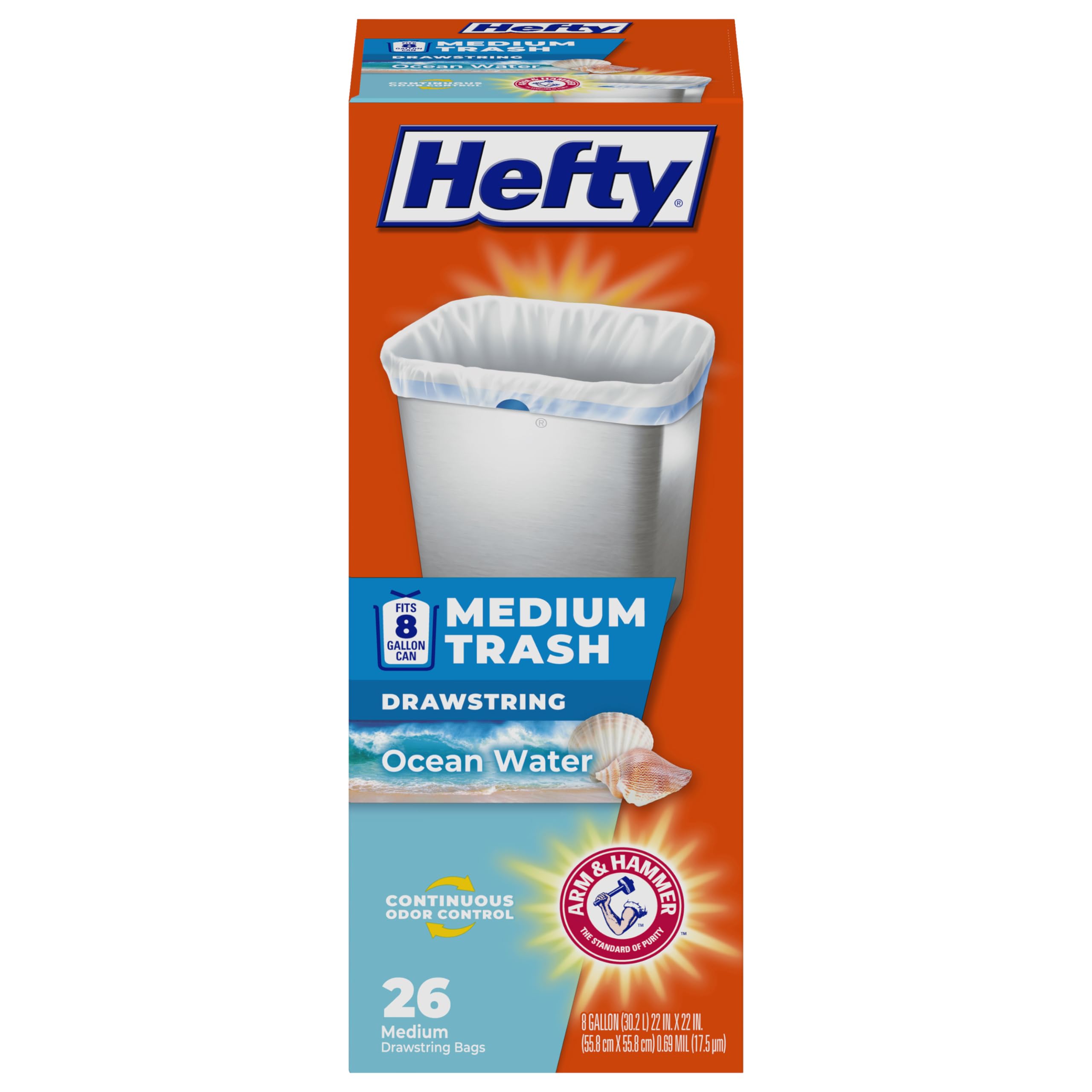 Hefty White Medium Trash Bags, 8 Gallon, Ocean Water Scented Garbage Bags With Drawstring Closure, 26 Count