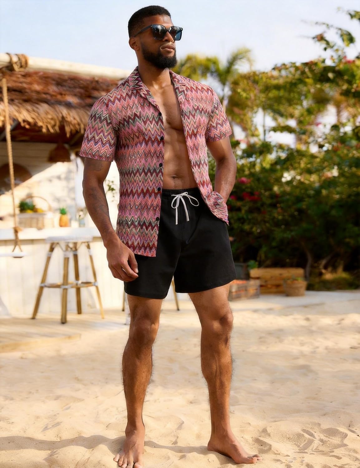 Mens 2 Pieces Outfits Summer Beach Set Tracksuit See Through Sheer Hollow Out Short Sleeve Lace Shirts and Shorts Sets image 3
