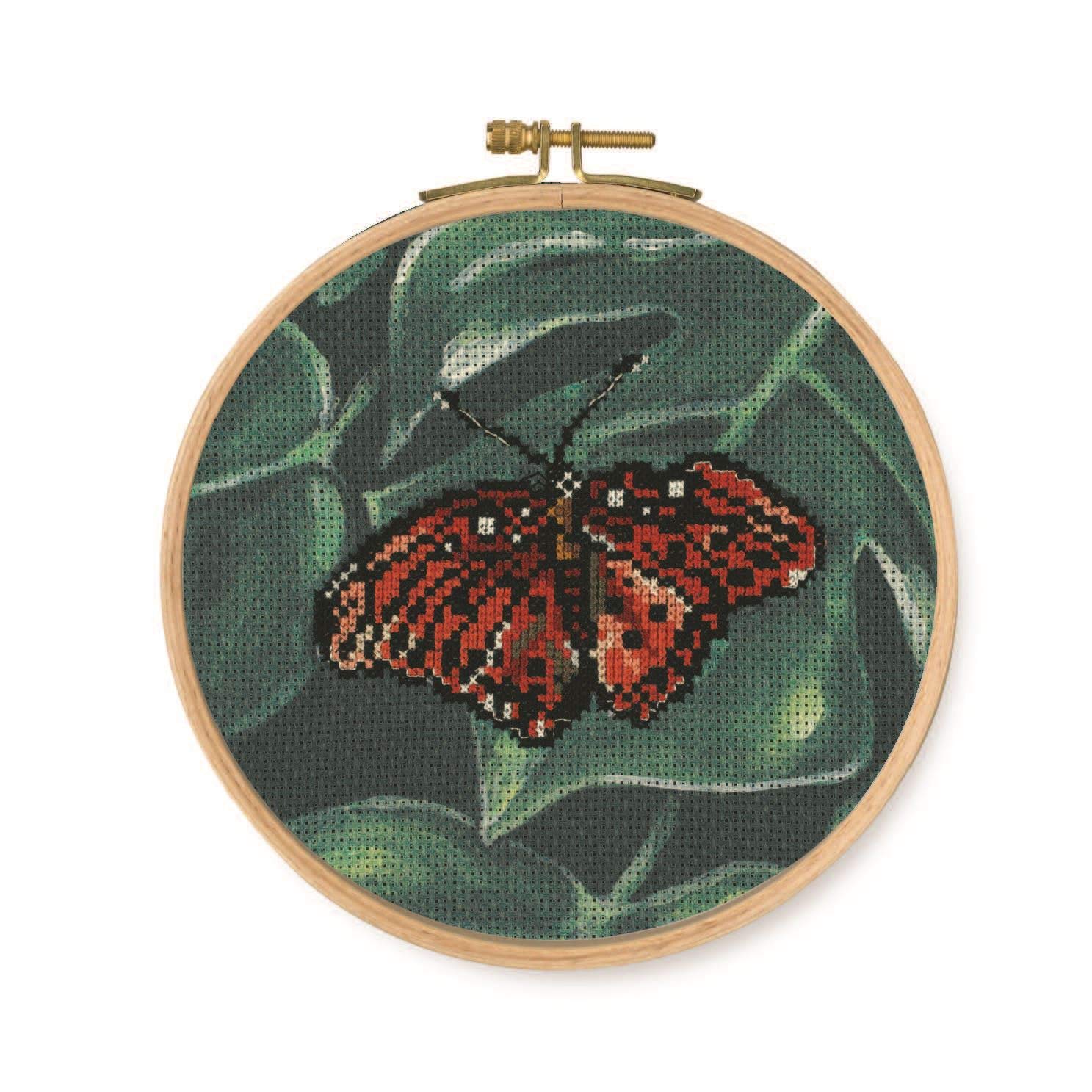 DMC Red Butterfly Cross Stitch Kit, Includes Embroidery Threads, Needle, Wooden Drum and Instructions