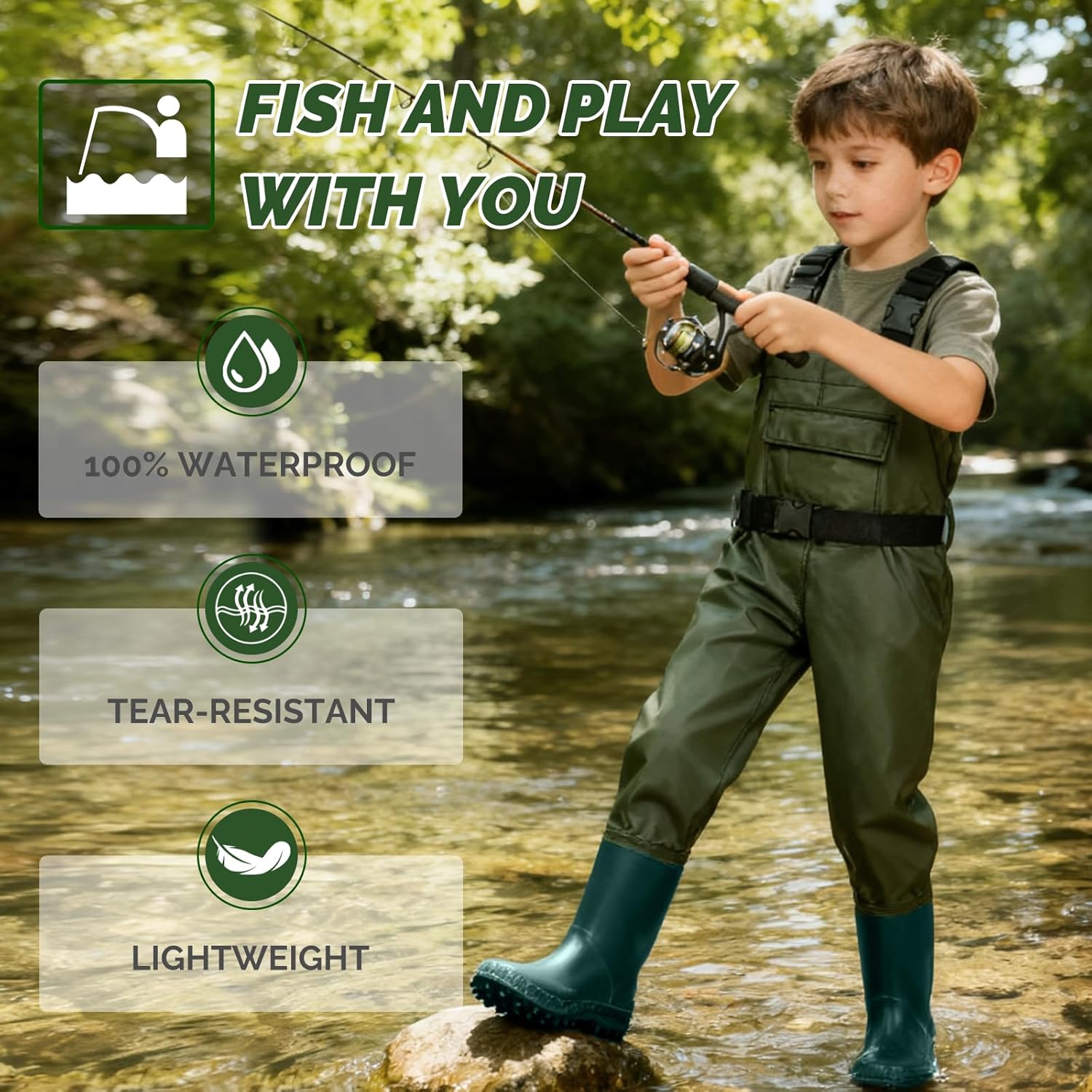 Kids Waders Waterproof PVC All-in-One with Adjustable Straps for Toddler,Non-Slip Boots,Outdoor Play,Fishing,Rain,Mud