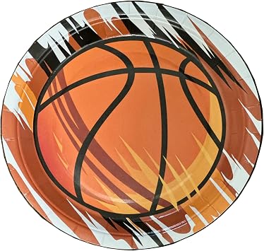 BASHOUT Basketball Party Paper Plates, 24 Pack, 9 Inch Round, Orange and Black Design