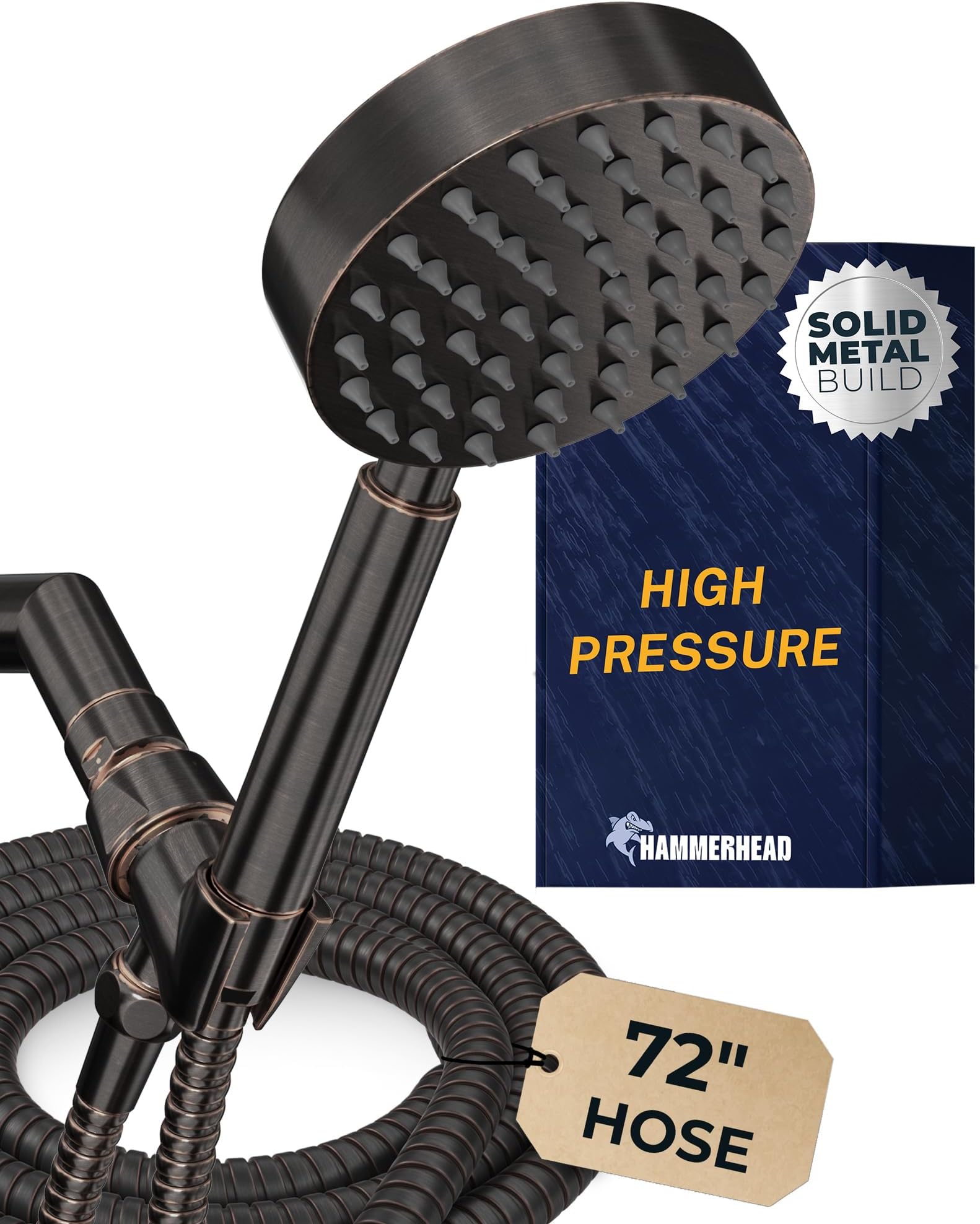 Solid Metal Handheld Shower Head with Hose and Brass Holder - OIL RUBBED BRONZE - 2.5 GPM High Pressure Shower Heads with Adjustable Shower Wand Bracket - 6ft Flexible Extension