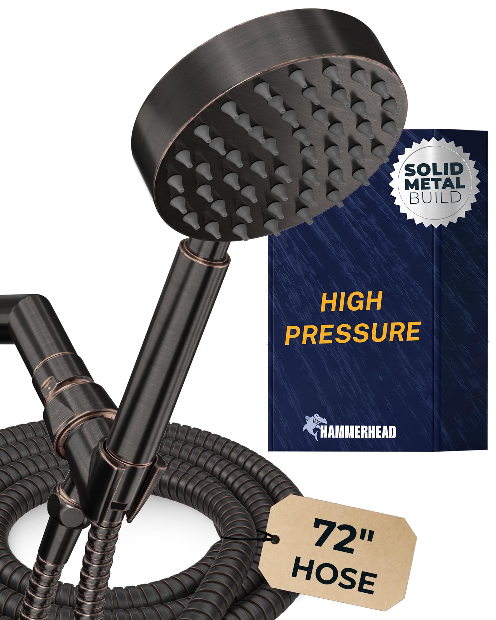 HammerHead Showers® ALL METAL Handheld Shower Head with Hose and Brass Holder - OIL RUBBED BRONZE - 2.5 GPM High Pressure Shower Heads with Adjustable Shower Wand Bracket - 6ft Flexible Extension