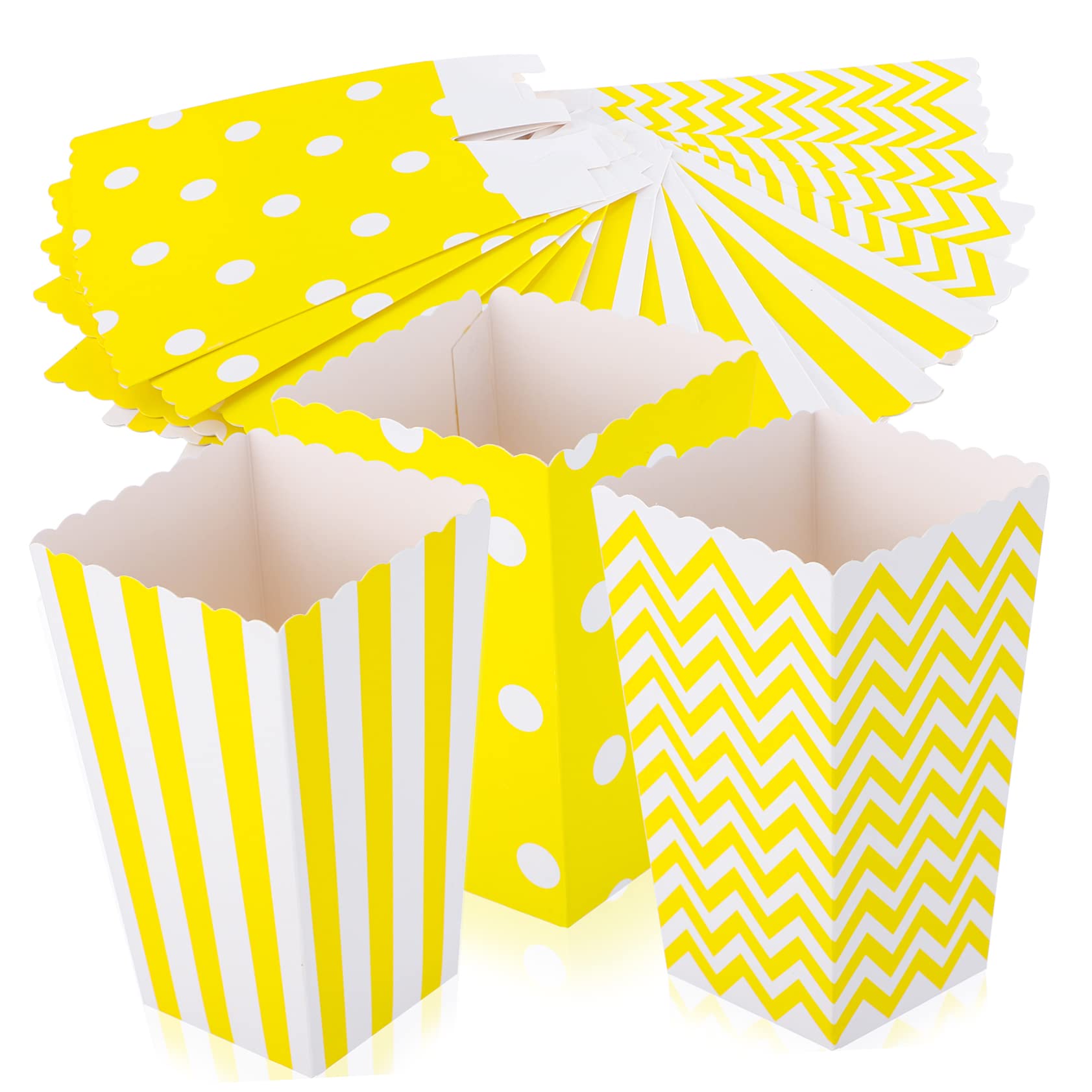 BEBEMOKO 48Pcs Paper Popcorn Boxes Assorted Prints Dots Twisted for Parties Events and Snack Serving