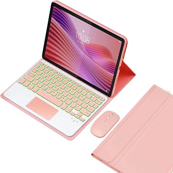 Keyboard Case for Lenovo Tab 10.1 inch 2025 TB-311FU/TB-311XU, 7-Color Backlight Detachable Wireless Bluetooth Touchpad Keyboard, Ultra-Thin PU Folio Stand Cover with Mouse,Pink