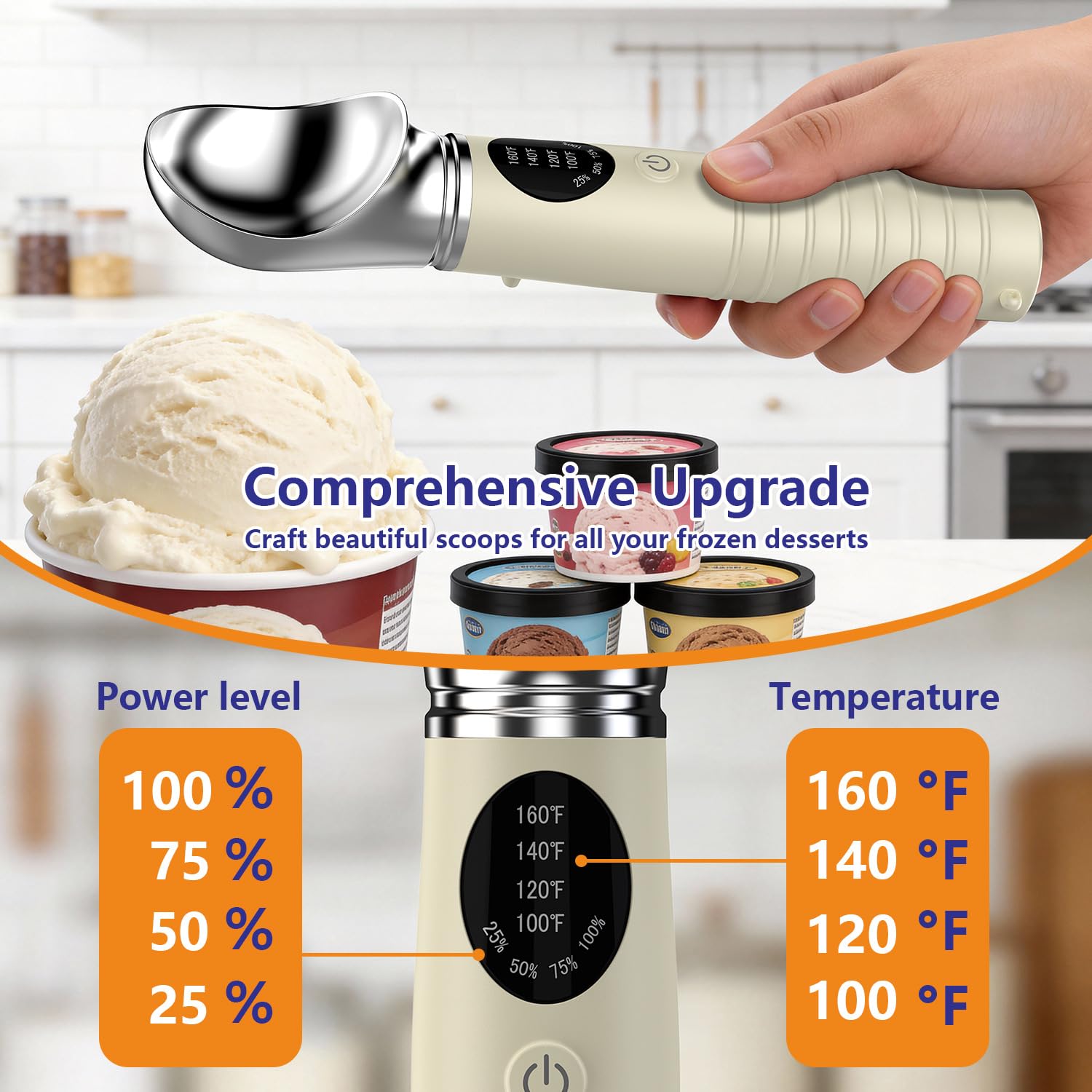 Cuillère à crème glacée – Alliage de zinc de qualité alimentaire étanche – avec écran LED de type C – Charge rapide de 3,5 heures – Ergonomique – Pour les fêtes et la pâtisserie
