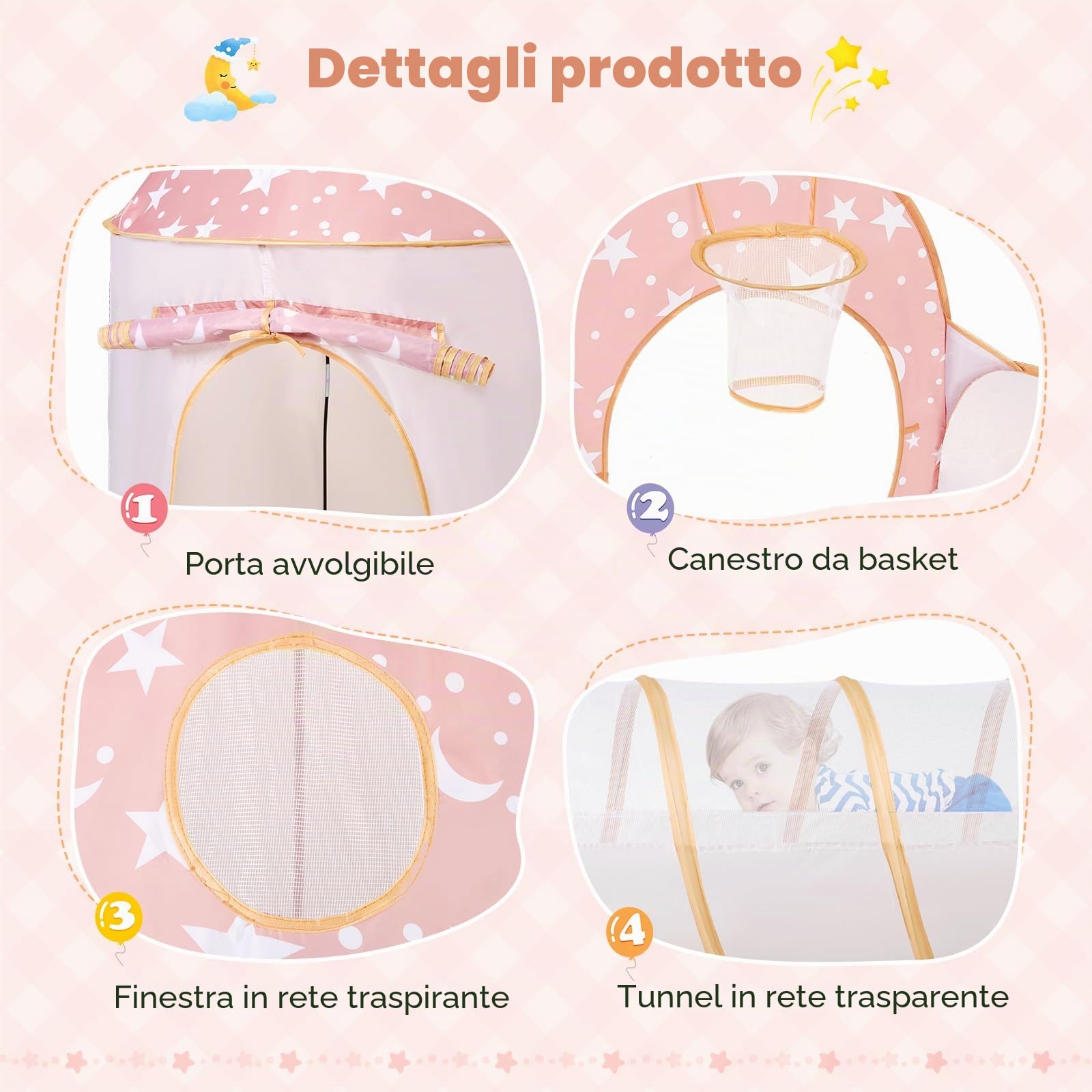 3 in 1 Tenda da gioco per bambini con tunnel e piscina di palline, castello pop-up per interni ed esterni, spazio di scansione pieghevole con canestro da basket