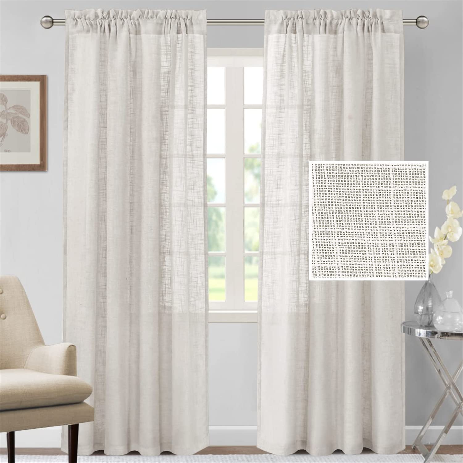 Tende in Misto Lino Naturale per Soggiorno - Tela di Lino Testurizzate, Filtranti Leggere, Semitrasparenti Con Passanti Nascosti, 2 Pezzi (Off White, 2x 132x213 cm)