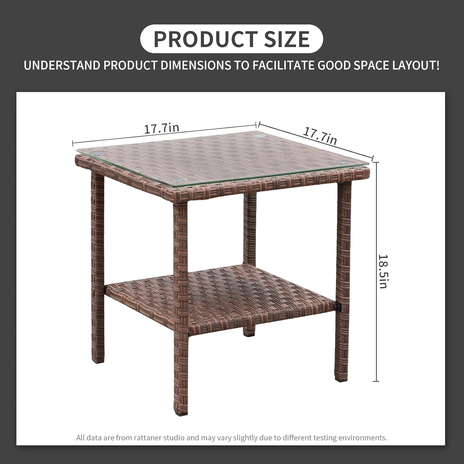 Outdoor PE Wicker Side Table Set of 2 Patio Rattan Garden Coffee End Square Table with Glass Top 2-Layer Table Furniture (Brown)