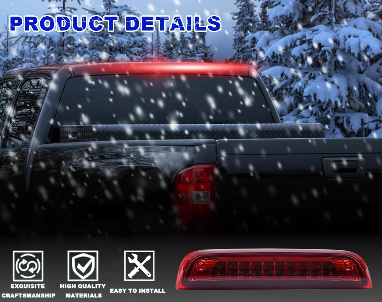 PIT66 LED 3rd Brake Light Compatible with Chevy Silverado 1500 2014-2018/Fit Silverado 2500HD 3500HD 2015-2018/Fit GMC Sierra 1500 14-18/Fit Sierra 2500HD 3500HD 15-18 Red Lens Chrome Housing