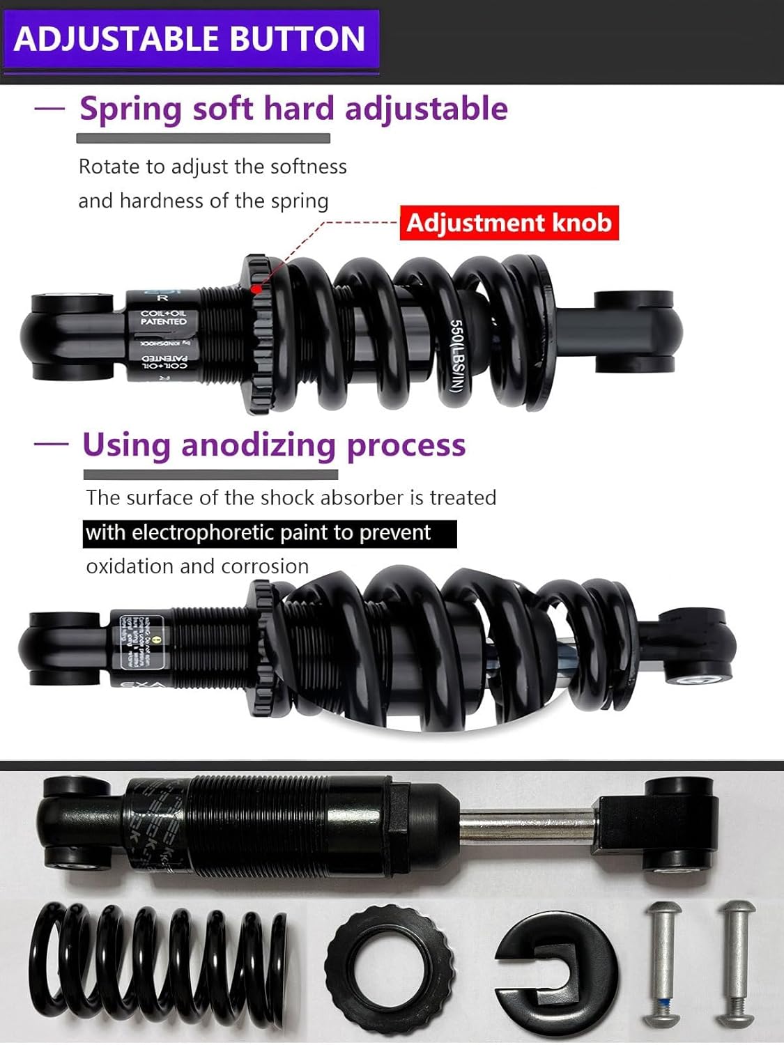 AuroraXQ Mountain Bike Rear Shock Absorber 125mm 150mm 165mm 190mm Coil Spring Adjustable 150-2000lbs Suspension for MTB/E-Bike/XC(190mm,150Lbs)