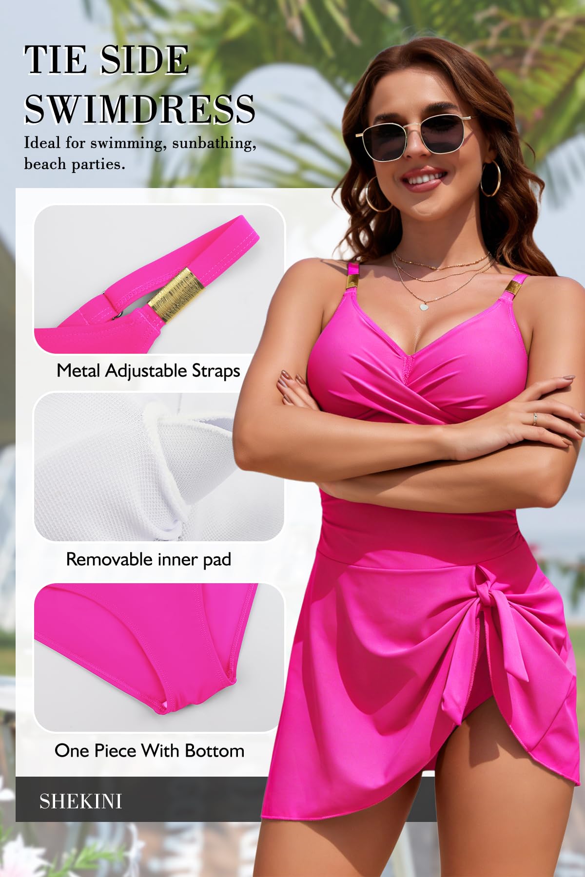 SHEKINI Traje de baño de una pieza para mujer, elegante, con cuello en V, tirantes ajustables, con slip interior, traje de baño de verano