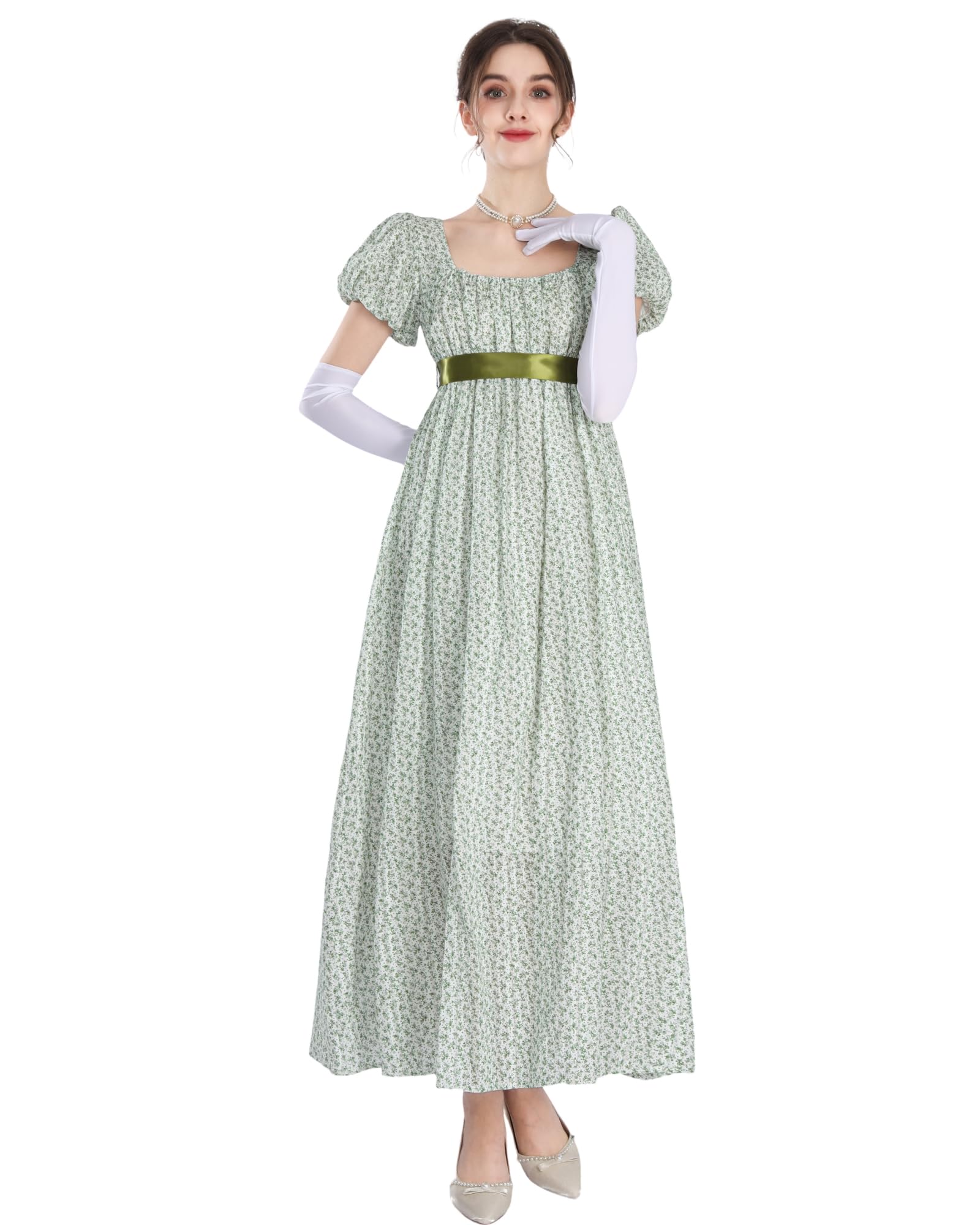 NSPSTT Regency Dress for Women - Floral Empire Waist Long Tea Party Dress with Gloves, Green Floral, XL, Green 1023 - Image 2