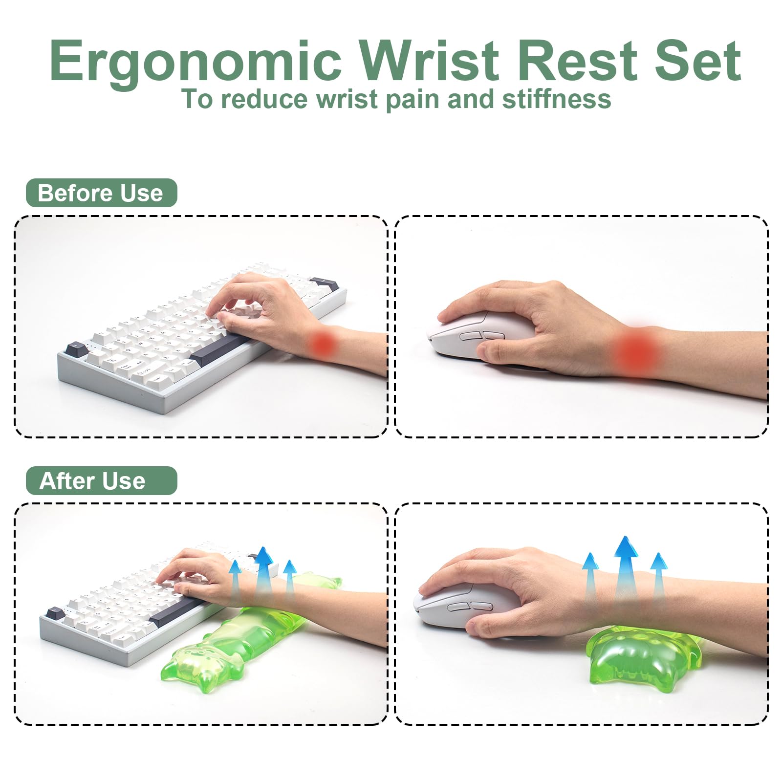 Juego de reposamuñecas de gel para teclado y ratón, reposamuñecas de gato transparente verde