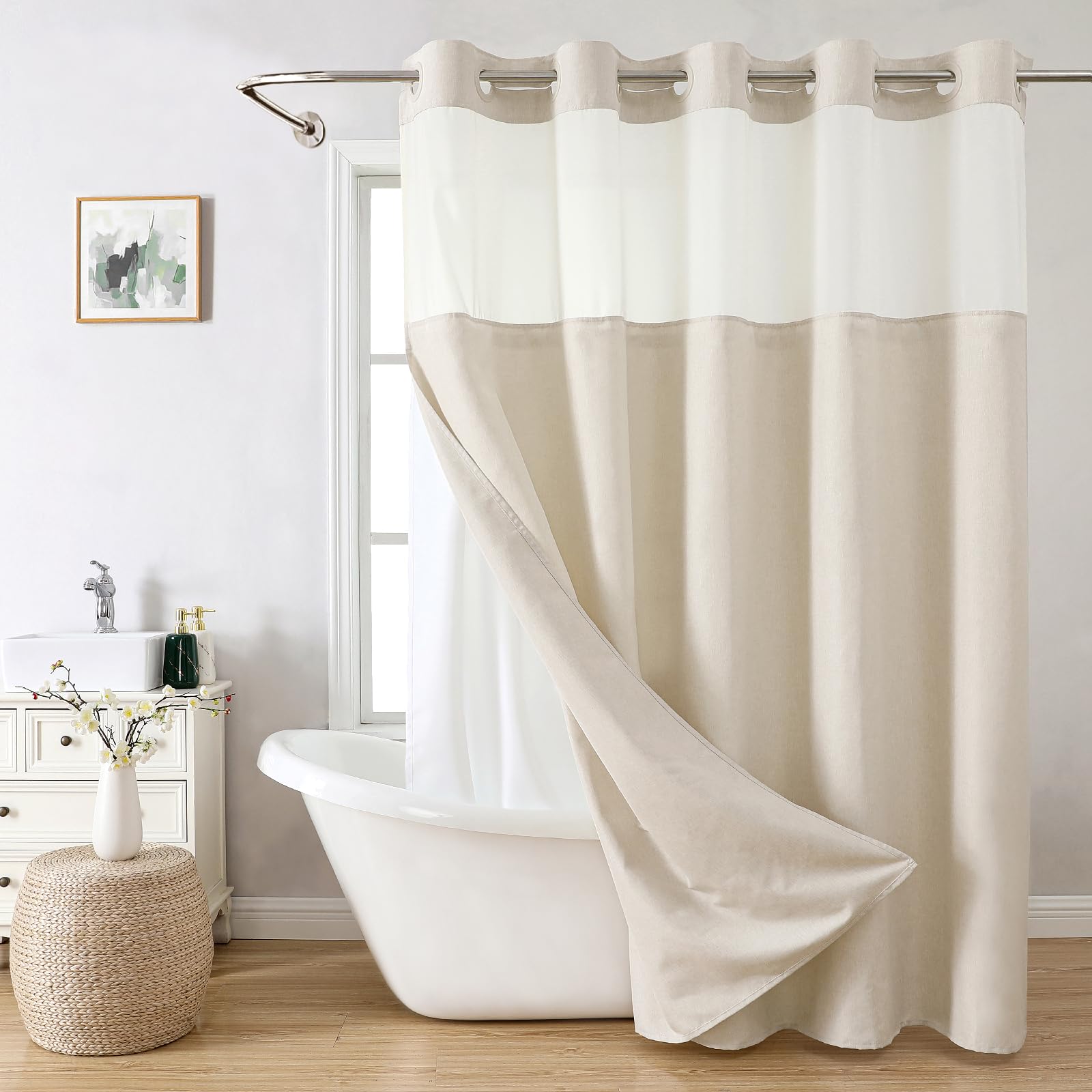eachope No Hook Linen Texture Shower Curtain with Snap-in Liner,71x80 Cream | 230GSM Thick Fabric,Hotel Luxury Decor,Mesh Top Window,Magnetic Weighted Hem,Waterproof & Machine Washable,for Bathroom
