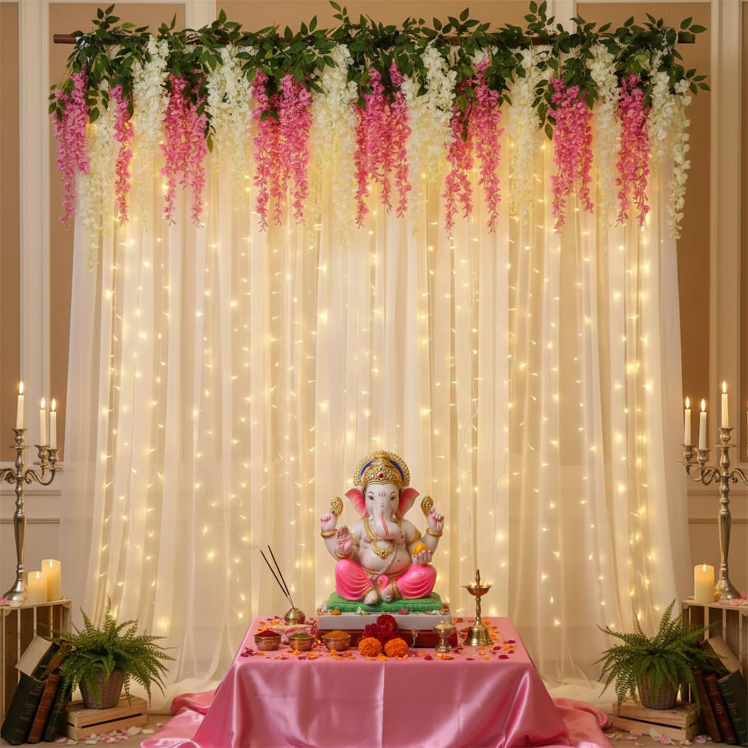 Party Propz White Backdrop for Decorations with Artificial Ivory and Pink Wisteria Flower - 9 Pcs Backdrop Decoration for Wedding, Haldi, Puja, Birthday, Background Decoration Items, Haldi Decor-image-24