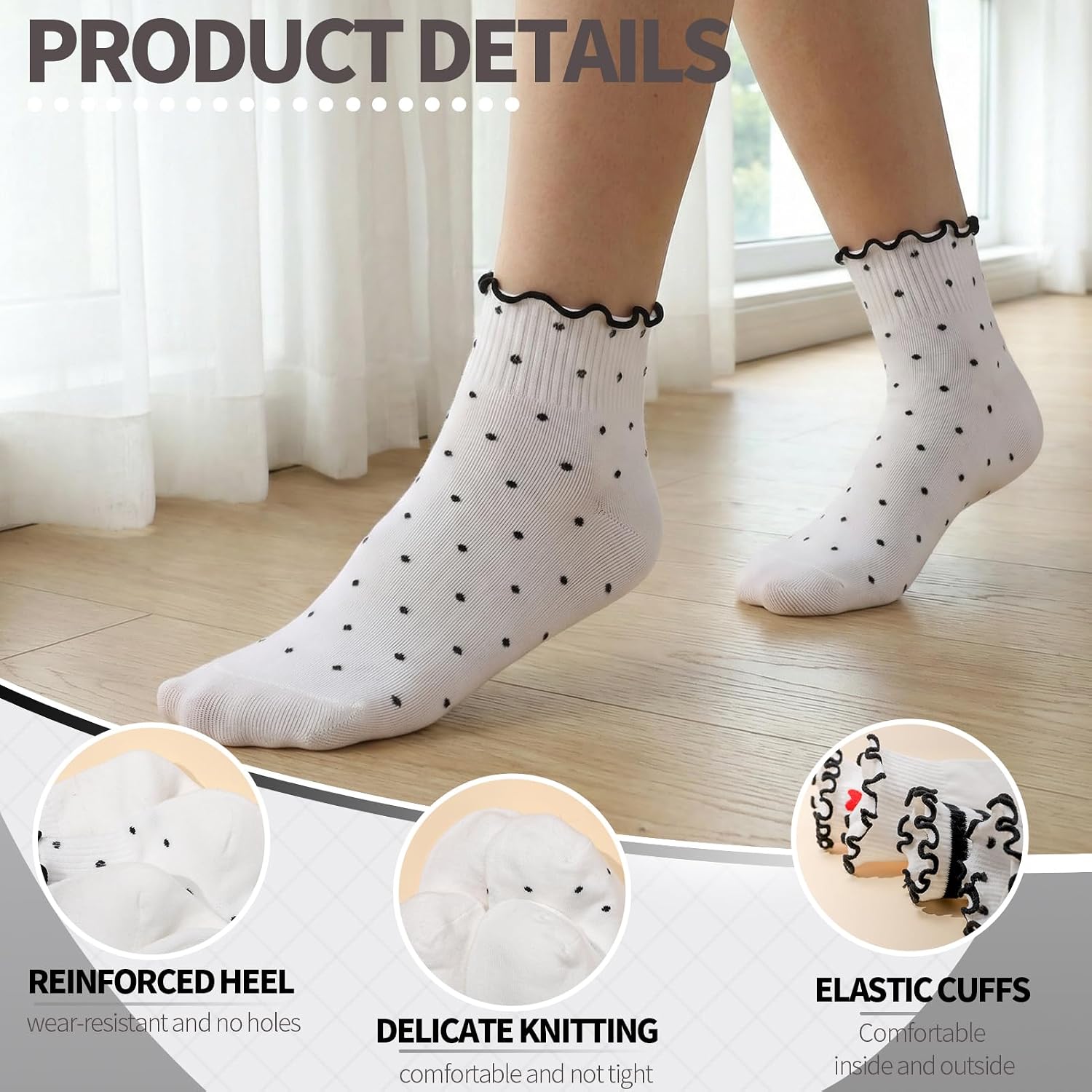 8 Pairs Women Ruffle Striped Frilly Socks, Cute Checkered Ankle Sock for Women Cotton Knit Casual Crew Socks Size 5-9