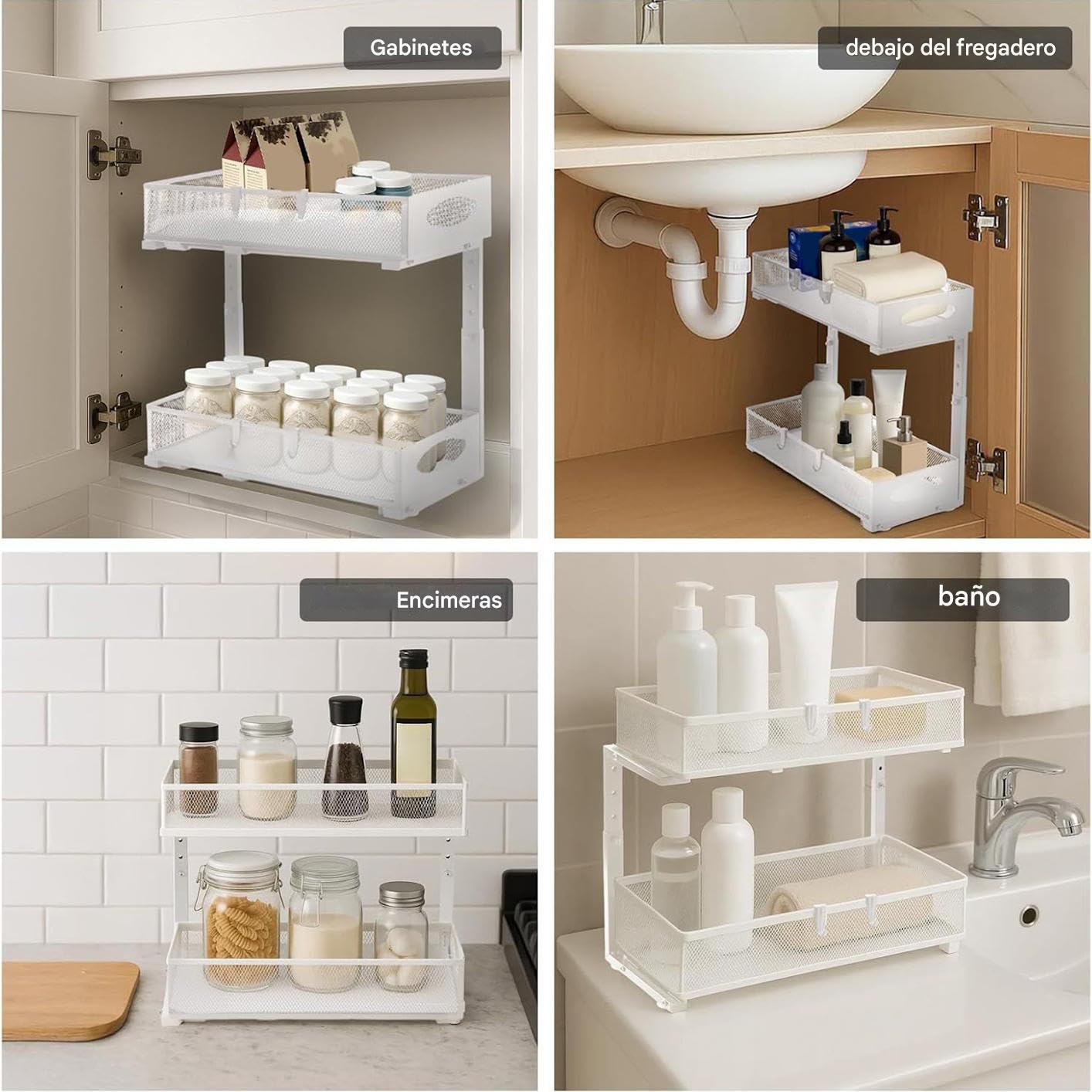 Genérico Organizador Para Debajo Del Lavabo Del Baño | 2 Niveles Extraíbles Con Estantes De Almacenamiento - Estante Multiusos Para Cocina Organización Hogar Detergente Toallas Papel Tarros Limpieza