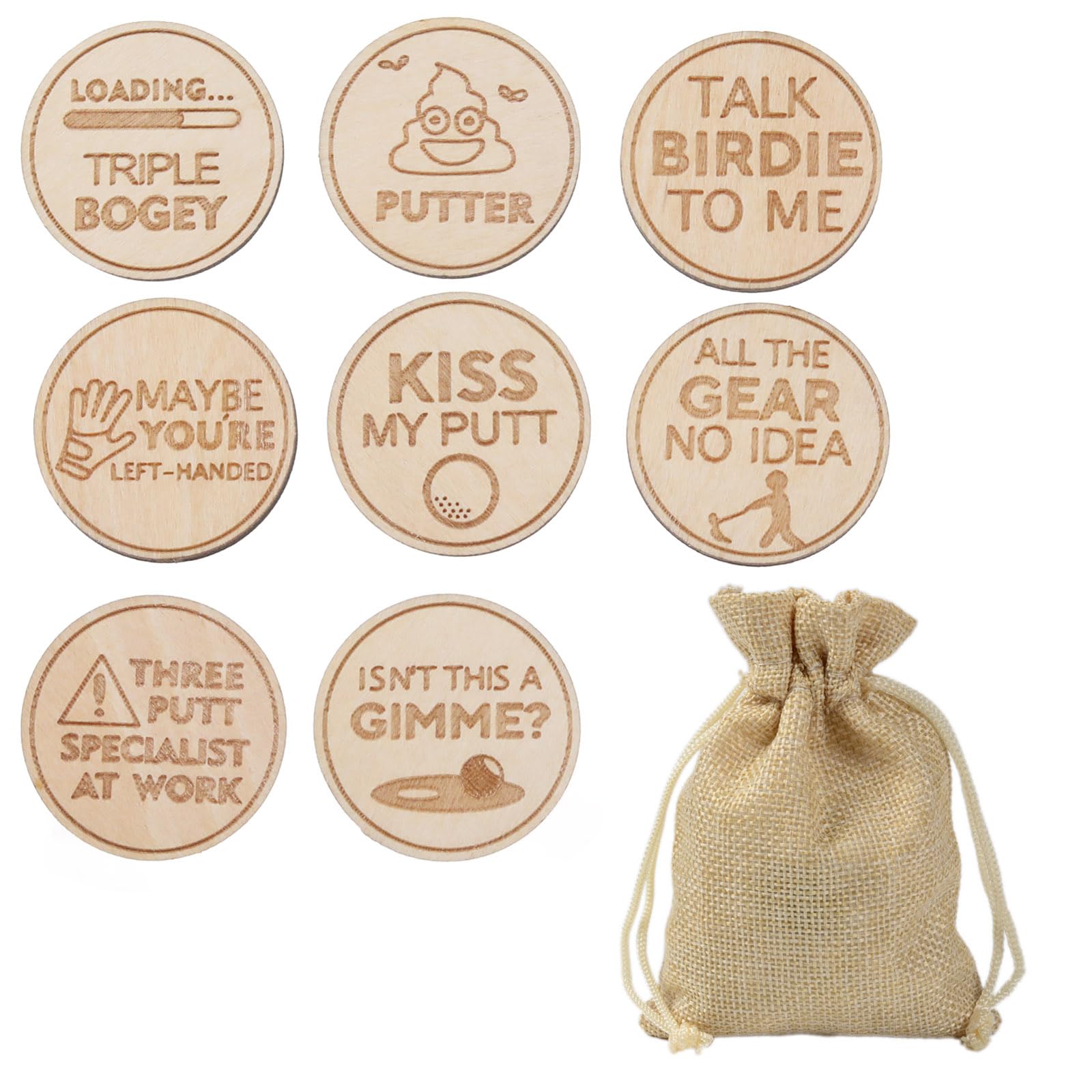 SG Store Set of 8pcs Golf Fun Markers Laser Engraved Round Wood Funny Series Golf Accessories For The Putting Green Alignment Ball Marker With Drawstring Bag 25 * 3mm