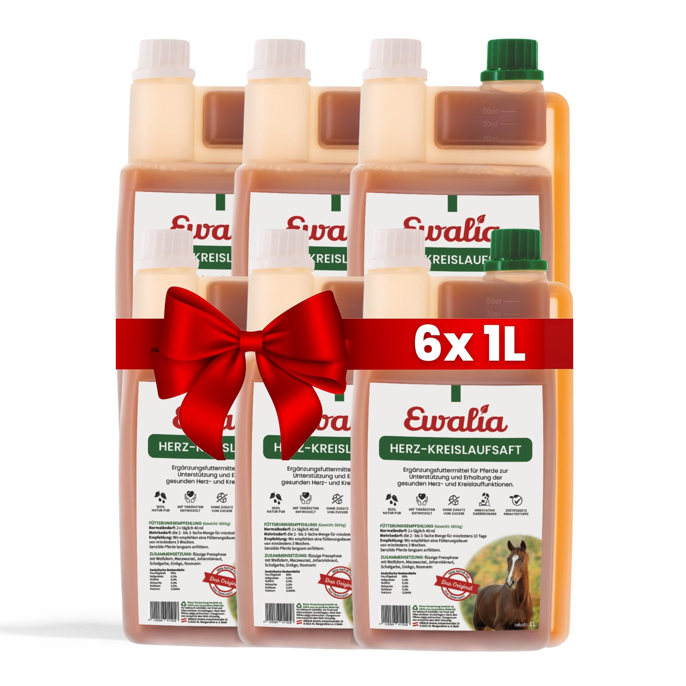 NEU! EWALIA Herz-Kreislaufsaft - Optimales Ergänzungsfuttermittel für Pferde, Förderung der Herzgesundheit, Natürliche Unterstützung des Kreislaufsystems, 100% Kräuterformel, 6x1 Liter