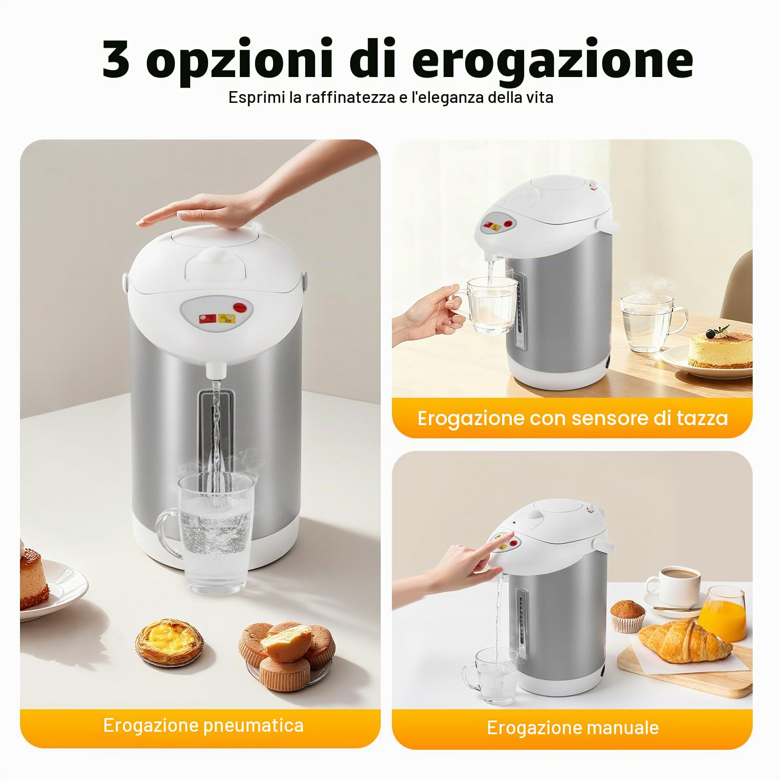 Thermopot 3 l, 750 W, erogatore di acqua calda in acciaio inox, con controllo della temperatura, 90 °C, 24 ore, funzione di mantenimento del calore, bollitore elettrico, con tre metodi di