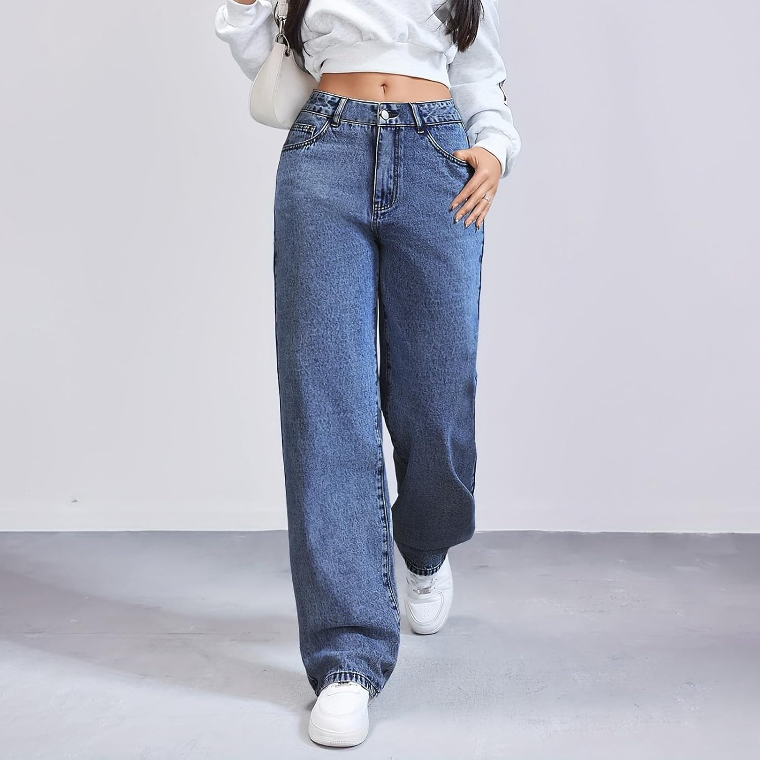 Wide Leg Jeans Woman High Waisted Baggy Jeans Stretchy Straight Leg Jean Tummy Control Blue Cowgirl Jean