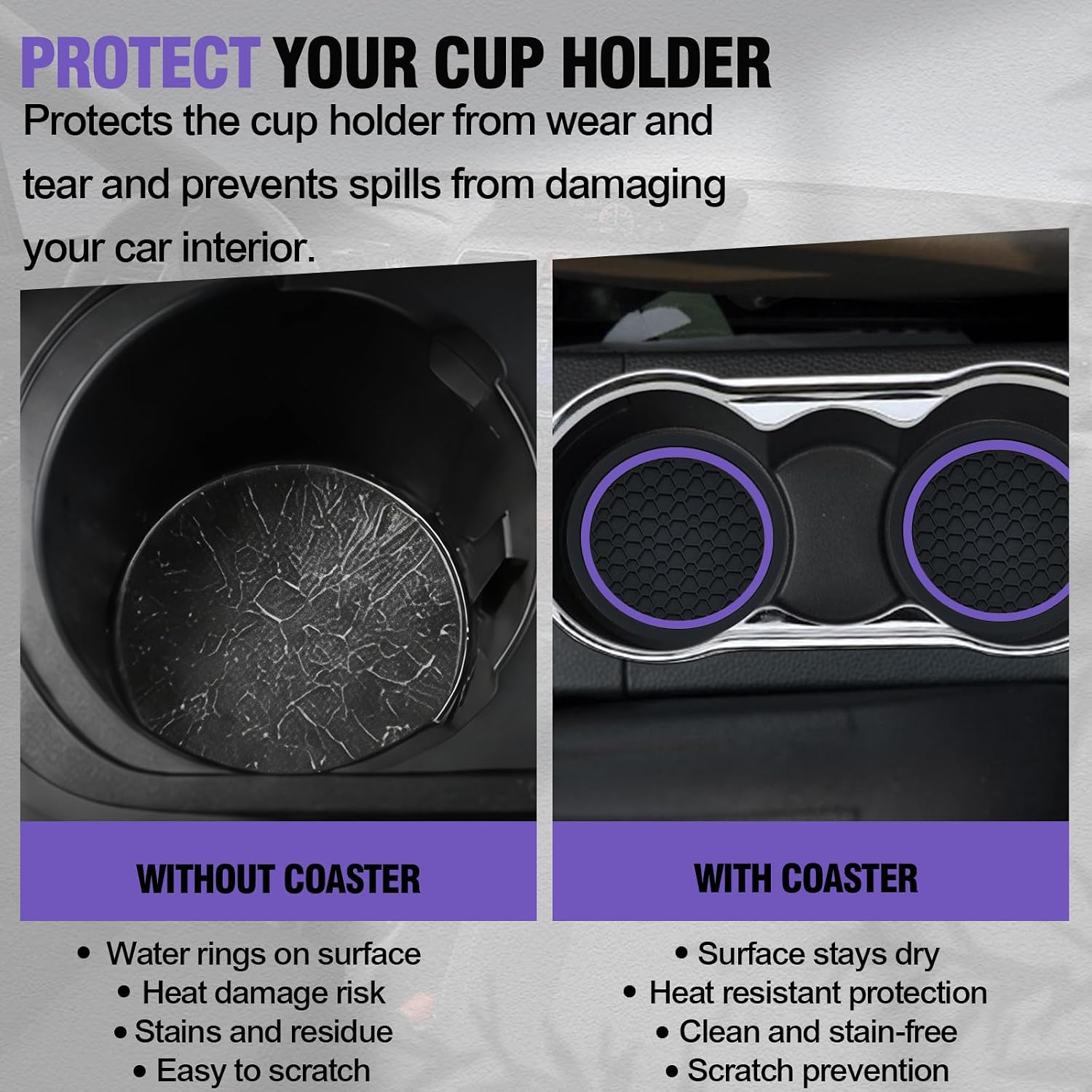 4PCS Car Cup Holder Coasters, 2.75 Inch Non-Slip Insert Water Bottle Holder Pads,Dustproof Automotive Cars Interior Accessories, Universal for Vehicles, SUVs, RVs (Black/Purple) image 3