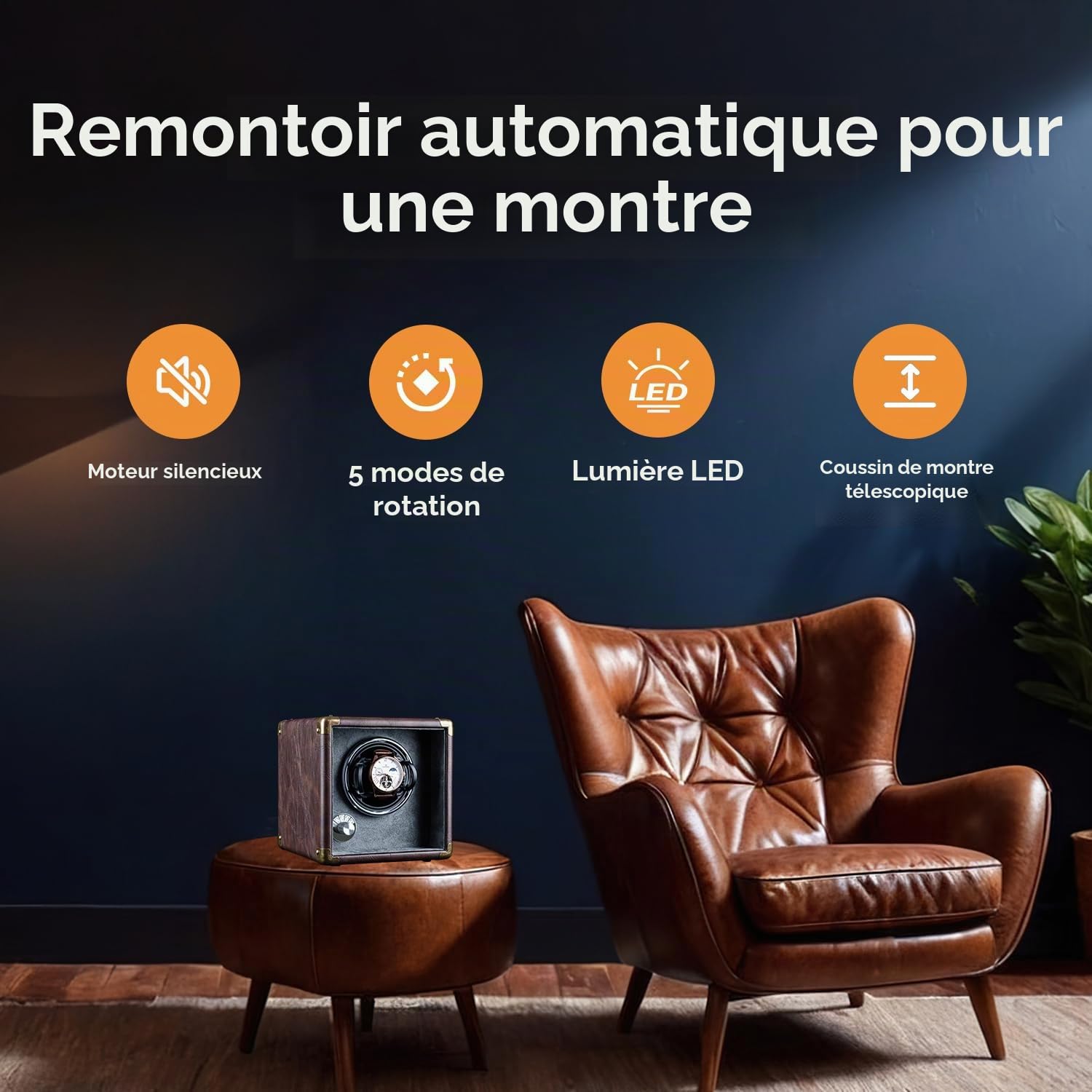 Mcbazel Boîte de Remontoir Automatique pour Montre Unique - Rotation Bidirectionnelle Silencieuse en Cuir PU - 5 Modes avec Éclairage LED - Boîte de Rangement