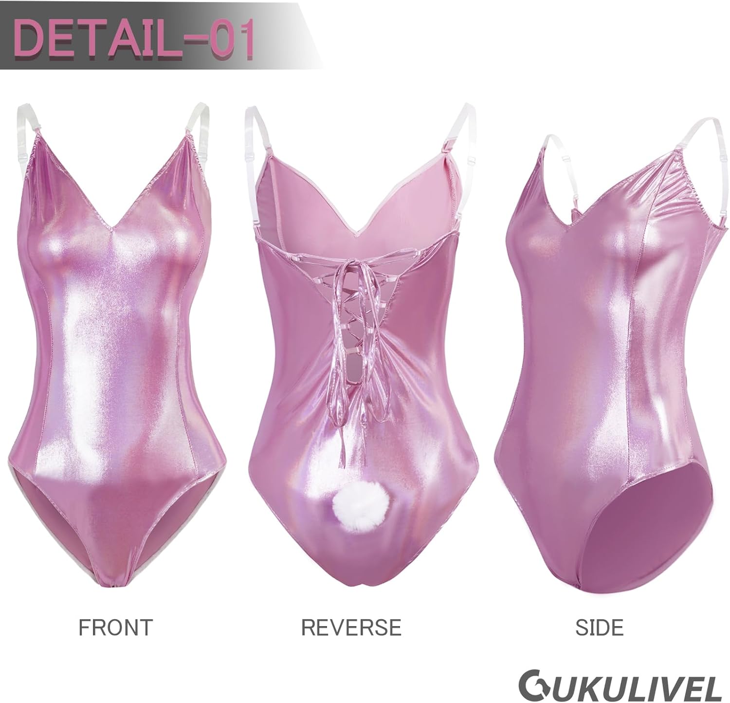 Womens Bunny Costume Girl Bodysuit Halloween Role Play Bunny Outfit with Ear Collar Bow Tie Cuffs Stockings - Image 2